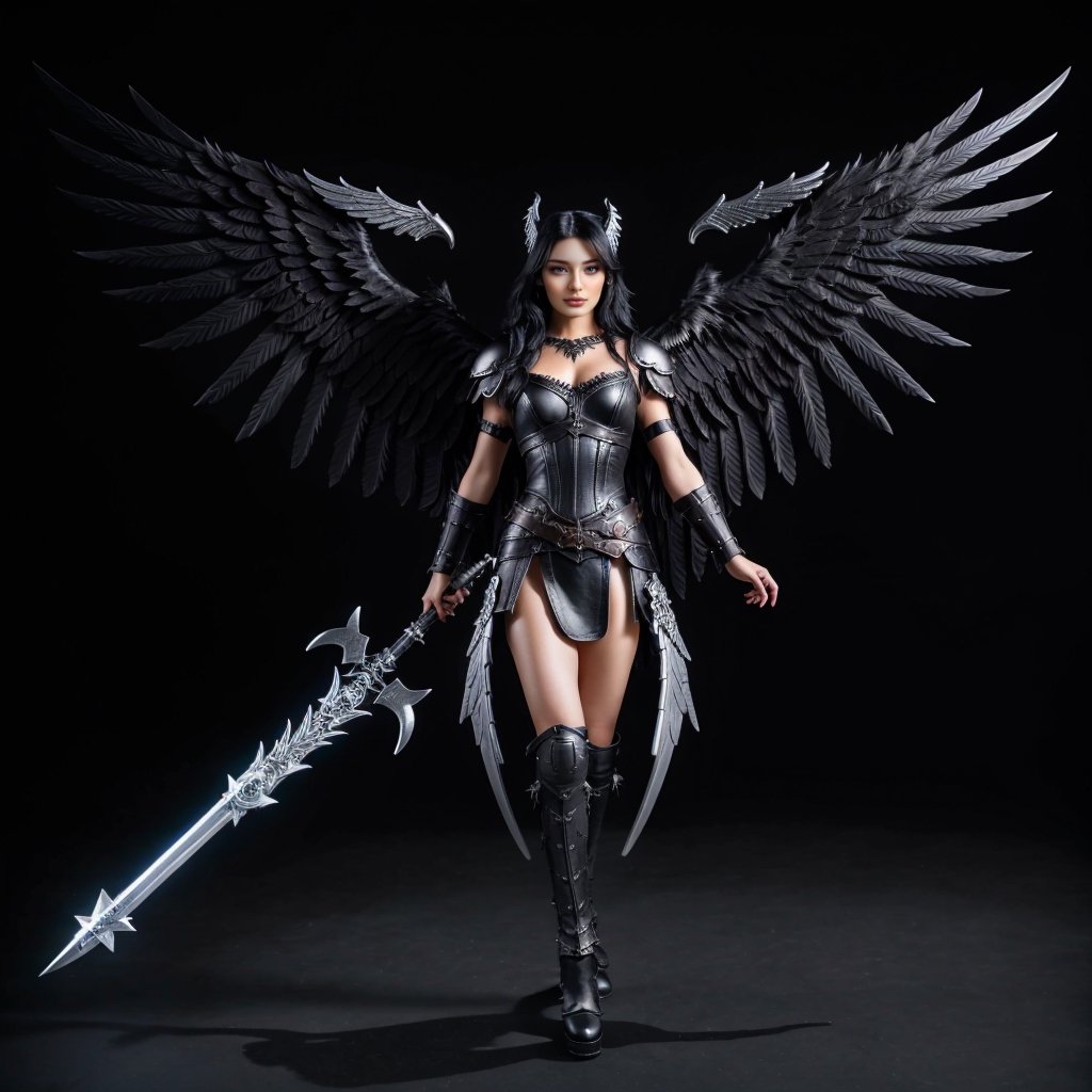 dark valkyrie, black hair, black angel wings, full body shot, photo realistic, high_res, 8k,photorealistic