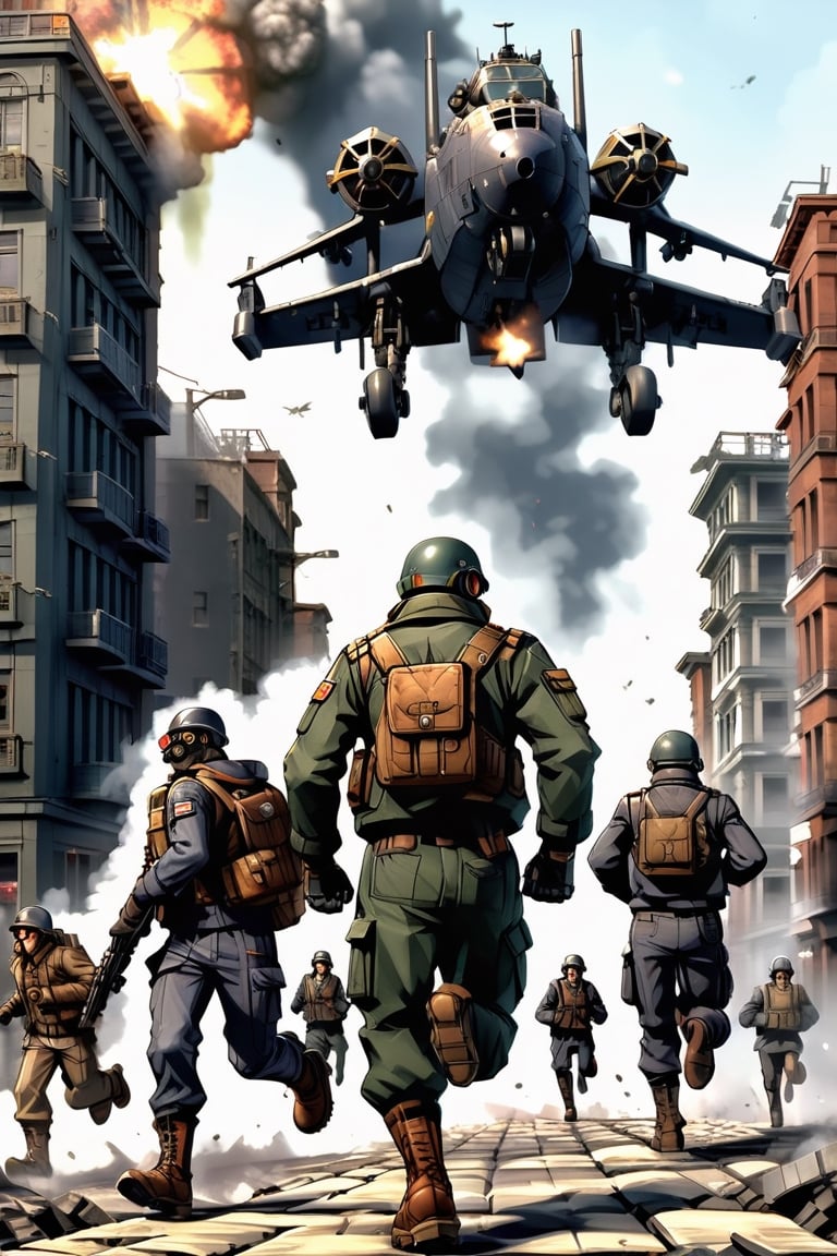 (1 man in foreground facing camera), metal slug mech in background, men running in background, bomber jacket, goggles, bombed out city scape, explosion, mecha, metalslug, photo realistic, canon EOS, ((DieselPunkAI)), gritty, grim, dark, ,Cyber Warrior, ((propaganda poster))