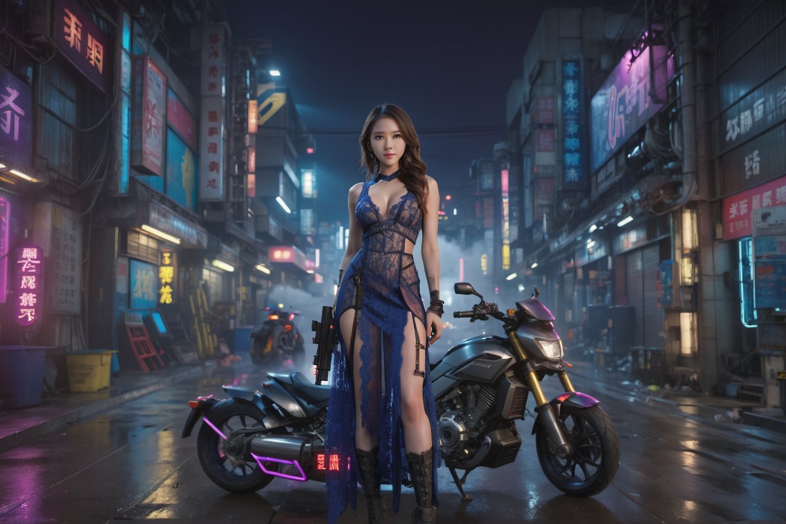 Full body portrait, ((young brunette woman)), long hair, (long dress), (sheer dress), (intricate lace dress), cyberpunk, vibrant colors, neon signs, night_sky, holding_weapon, biomechanical, explosions, parked motorcycle, (high_resolution), thigh-highs, perfect anatomy,Sexy Pose,Detailedface,FilmGirl, high_res, HDR, beautifully shot, hyperrealistic, ((sharp focus)), 64 megapixels, perfect composition, high contrast, cinematic, atmospheric, moody, photo realistic, cleaning_tool, clean image,aesthetic portrait,LinkGirl,taiwan