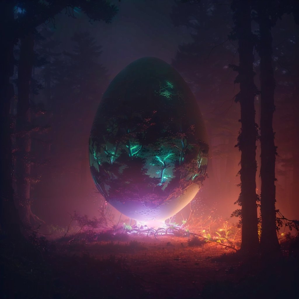 (((Giant egg))), forest, bioluminescence, cyberpunk, neon, coruption, cultists,(tiny explosions), high_res, 8k,  beautiful shot, (hyperrealistic),cinematic,((photorealistic)),Natural Lighting,White Balance,RTX,Insanely Detailed,Texture Mapping,gloomy, grim dark, (life like), real life, wide lens