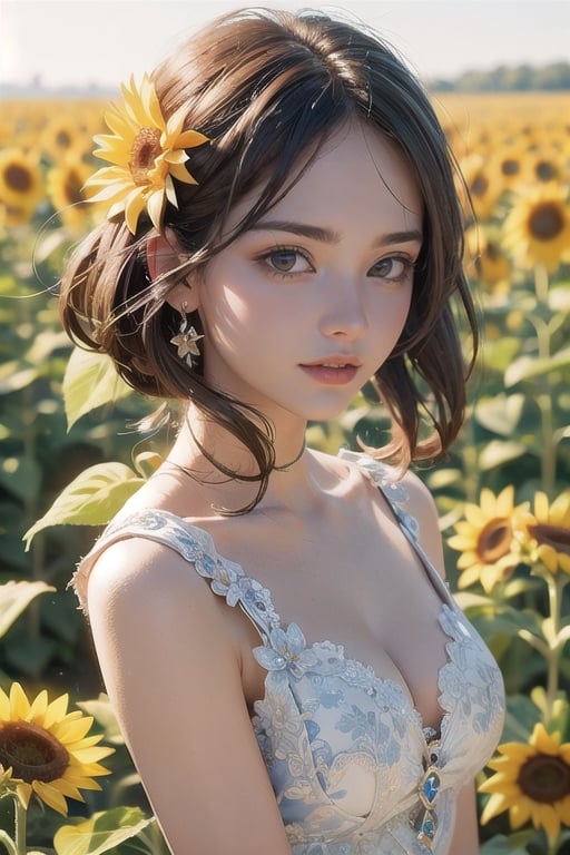  A beautiful woman. Sunflower field. Best Quality, Crazy Details and Sharp Focus, Masterpiece, Professional, Award Winning, Fine Detail, High Detail, UHD, 64k, Soft Look