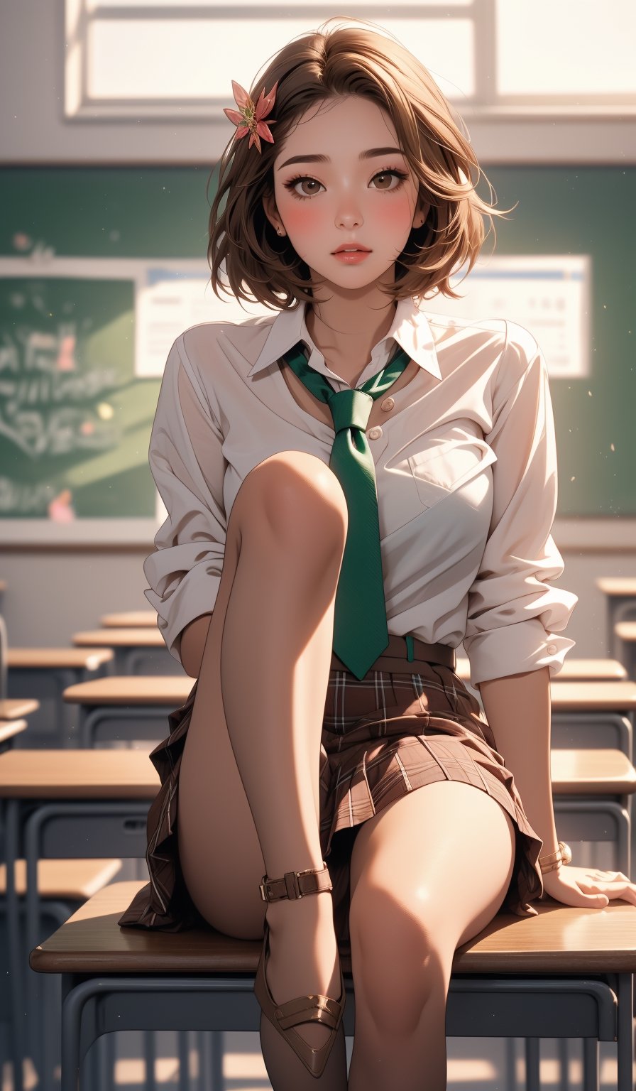 score_9, score_8_up, score_8, (((solo))),(((1 girl))), beautiful, realistic, extremely detailed skin, masterpiece, best quality, extremely detailed face, vibrant colors, depth of field, cinematic lighting,, 1girl, solo, brown eyes, brown hair, hair ornament,short hair,green plaid skirt,blush, white unbuttoned shirt, long school tie,Masterpiece Top Quality High Resolution、Sititting、beauty legs 、in a school、As if looking up from below、Ashamed,nsfw,white panty,midjourney,1 girl