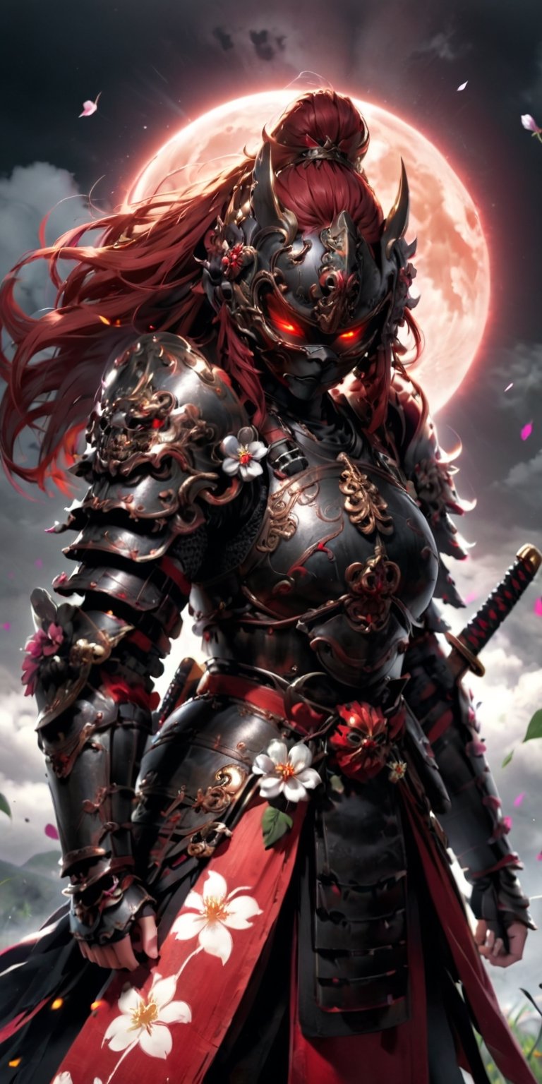 1girl, oni-musha,long red hair, box-shaped heavy japanese armour, holding katana,Oni half mask,japanese armour,glowing red eyes,
gauntlet,vambrace, shoulder armor, japanese clothes,,helmet,fighting stance,
something indistinguishable or indistinct, (like clouds in the moon and wind in the flowers),
,kabuki,samurai,bl1ndm5k,warrior