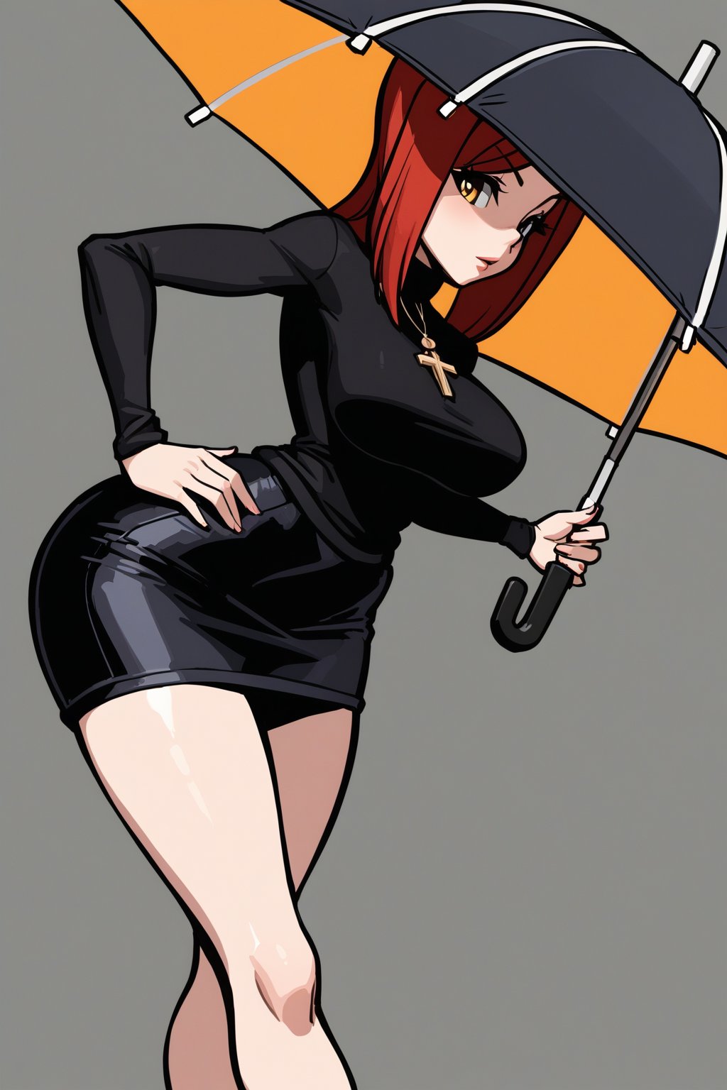 1girl, Parasoul, solo, long hair, breasts, looking at viewer, skirt, large breasts, simple background, long sleeves, dress, bare legs, jewelry, yellow eyes, red hair, cowboy shot, grey background, necklace, hair over one eye, sweater, hand on hip, turtleneck, umbrella, cross, holding umbrella, inverted cross, black umbrella, break, Ultra-high texture quality, breasts, huge ass, firm thighs, ultra-detailed, intricate details, absurd detailed, perfect face, beautiful face, perfect eyes, beautiful eyes, expression in the eyes, highly detailed, finely detailed, perfect anatomy, (best quality),(masterpiece), (high resolution), original, perfect hand, beautyful ,hand,