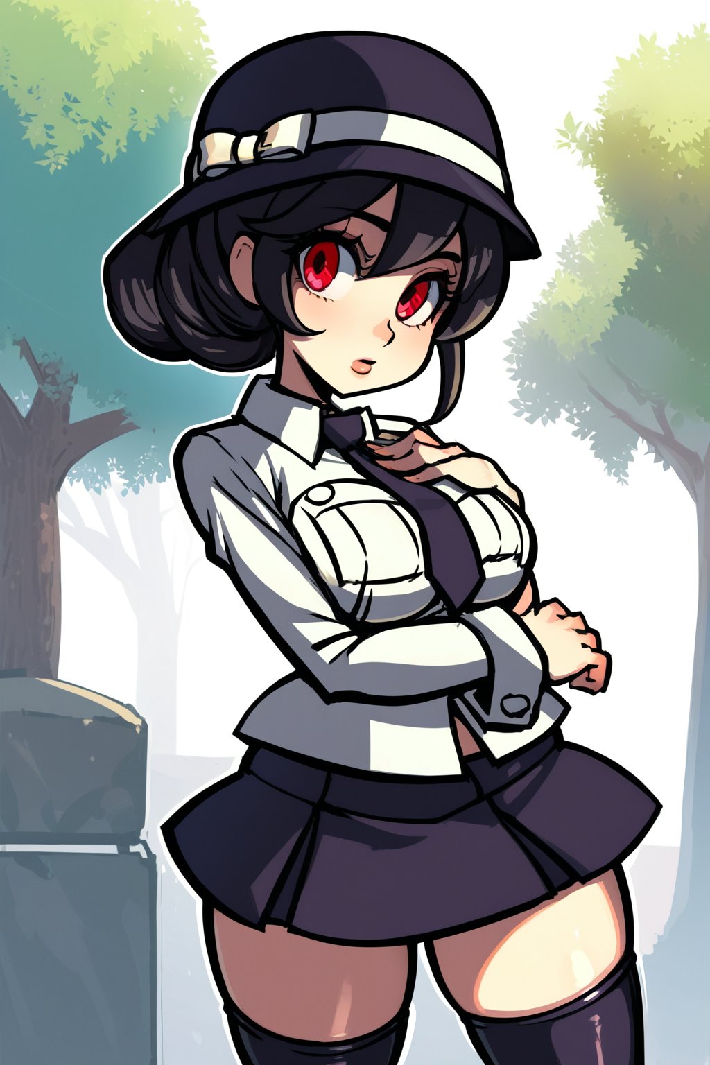 1girl, solo, breasts, skirt, black hair, red eyes, thighhighs, hat, school uniform, necktie, bag, tree, zettai ryouiki, alternate hairstyle, ultra-detailed, intricate details, absurd detailed, perfect face, beautiful face, perfect eyes, beautiful eyes, expression in the eyes, highly detailed, finely detailed, perfect anatomy, (best quality),(masterpiece), (high resolution), original, perfect hand, beautyful ,hand, Filia