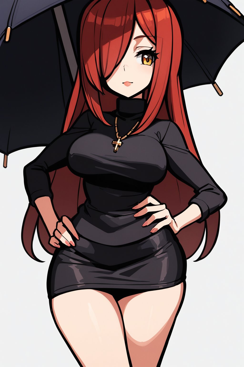 1girl, Parasoul, solo, long hair, breasts, looking at viewer, skirt, large breasts, simple background, long sleeves, dress, bare legs, jewelry, yellow eyes, red hair, cowboy shot, grey background, necklace, hair over one eye, sweater, hand on hip, turtleneck, umbrella, cross, holding umbrella, inverted cross, black umbrella, break, Ultra-high texture quality, breasts, huge ass, firm thighs, ultra-detailed, intricate details, absurd detailed, perfect face, beautiful face, perfect eyes, beautiful eyes, expression in the eyes, highly detailed, finely detailed, perfect anatomy, (best quality),(masterpiece), (high resolution), original, perfect hand, beautyful ,hand,