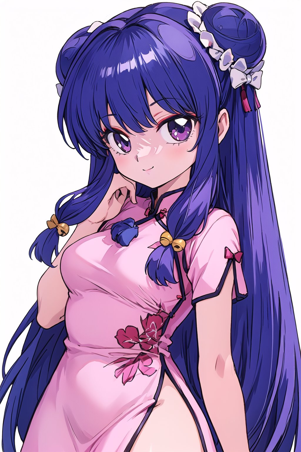 1girl, solo, long hair, breasts, looking at viewer, smile, bangs, hair ornament, dress, bow, medium breasts, closed mouth, purple eyes, purple hair, short sleeves, hair bow, sidelocks, cowboy shot, hair bun, from side, bell, double bun, chinese clothes, light pink dress, china dress, side slit, hair bell, shampoo \(ranma 1/2\), Ultra-high texture quality, firm thighs, ultra-detailed, intricate details, absurd detailed, perfect face, beautiful face, perfect eyes, beautiful eyes, expression in the eyes, highly detailed, finely detailed, perfect anatomy, (best quality),(masterpiece), (high resolution), original, perfect hand, beautyful, hand,shanpuuranma