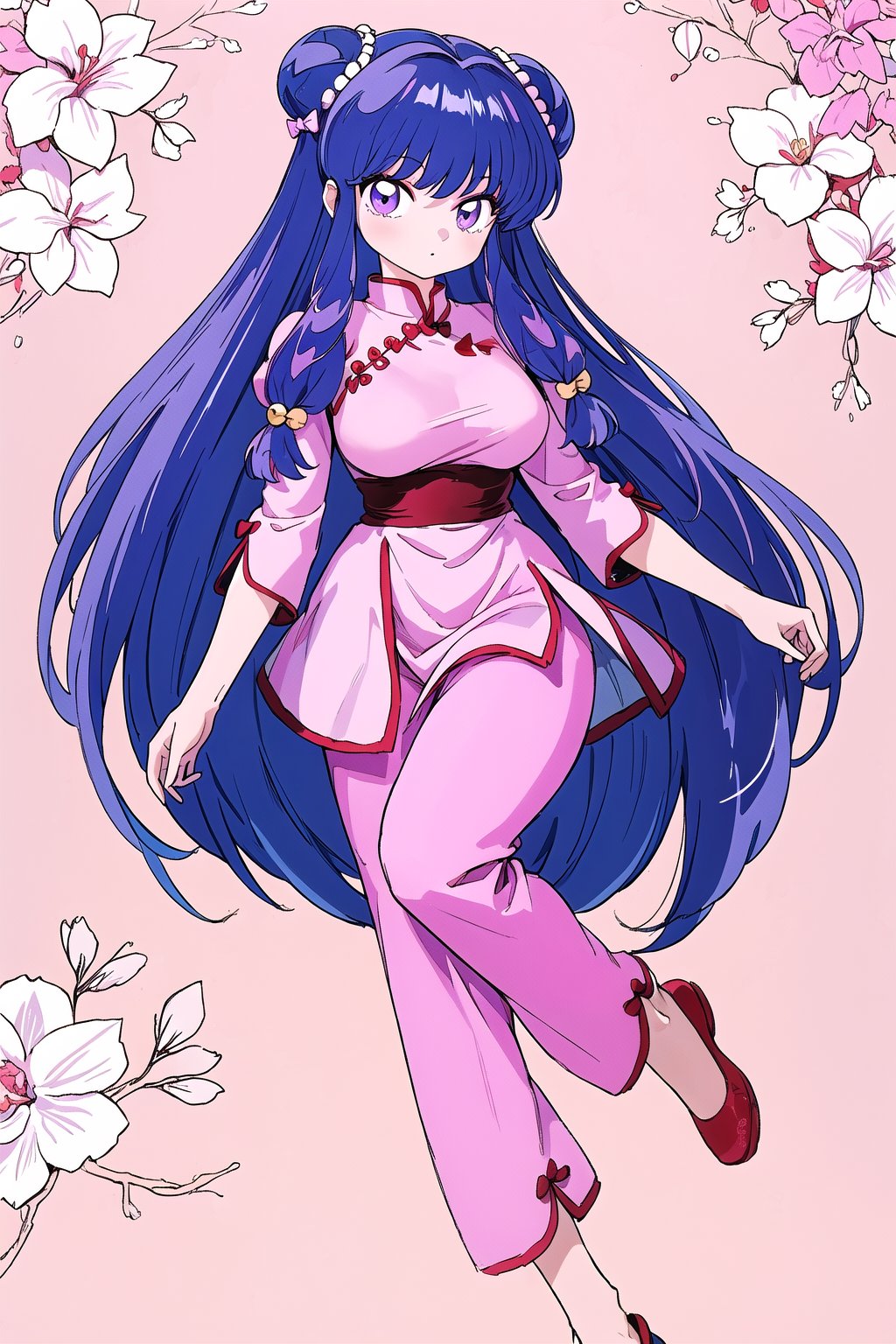 1girl, solo, long hair, looking at viewer, blue hair, standing, purple eyes, purple hair, sidelocks, shoes, pants, hair bun, bell, double bun, chinese clothes, baggy pants, pink pants, shampoo \(ranma 1/2\), Ultra-high texture quality, firm thighs, ultra-detailed, intricate details, absurd detailed, perfect face, beautiful face, perfect eyes, beautiful eyes, expression in the eyes, highly detailed, finely detailed, perfect anatomy, (best quality),(masterpiece), (high resolution), original, perfect hand, beautyful, hand,shanpuuranma