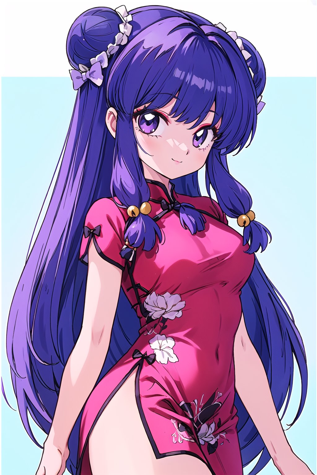 1girl, solo, long hair, breasts, looking at viewer, smile, bangs, hair ornament, dress, bow, medium breasts, closed mouth, purple eyes, purple hair, short sleeves, hair bow, sidelocks, cowboy shot, hair bun, from side, bell, double bun, chinese clothes, pink dress, china dress, side slit, hair bell, shampoo \(ranma 1/2\), Ultra-high texture quality, firm thighs, ultra-detailed, intricate details, absurd detailed, perfect face, beautiful face, perfect eyes, beautiful eyes, expression in the eyes, highly detailed, finely detailed, perfect anatomy, (best quality),(masterpiece), (high resolution), original, perfect hand, beautyful, hand,shanpuuranma