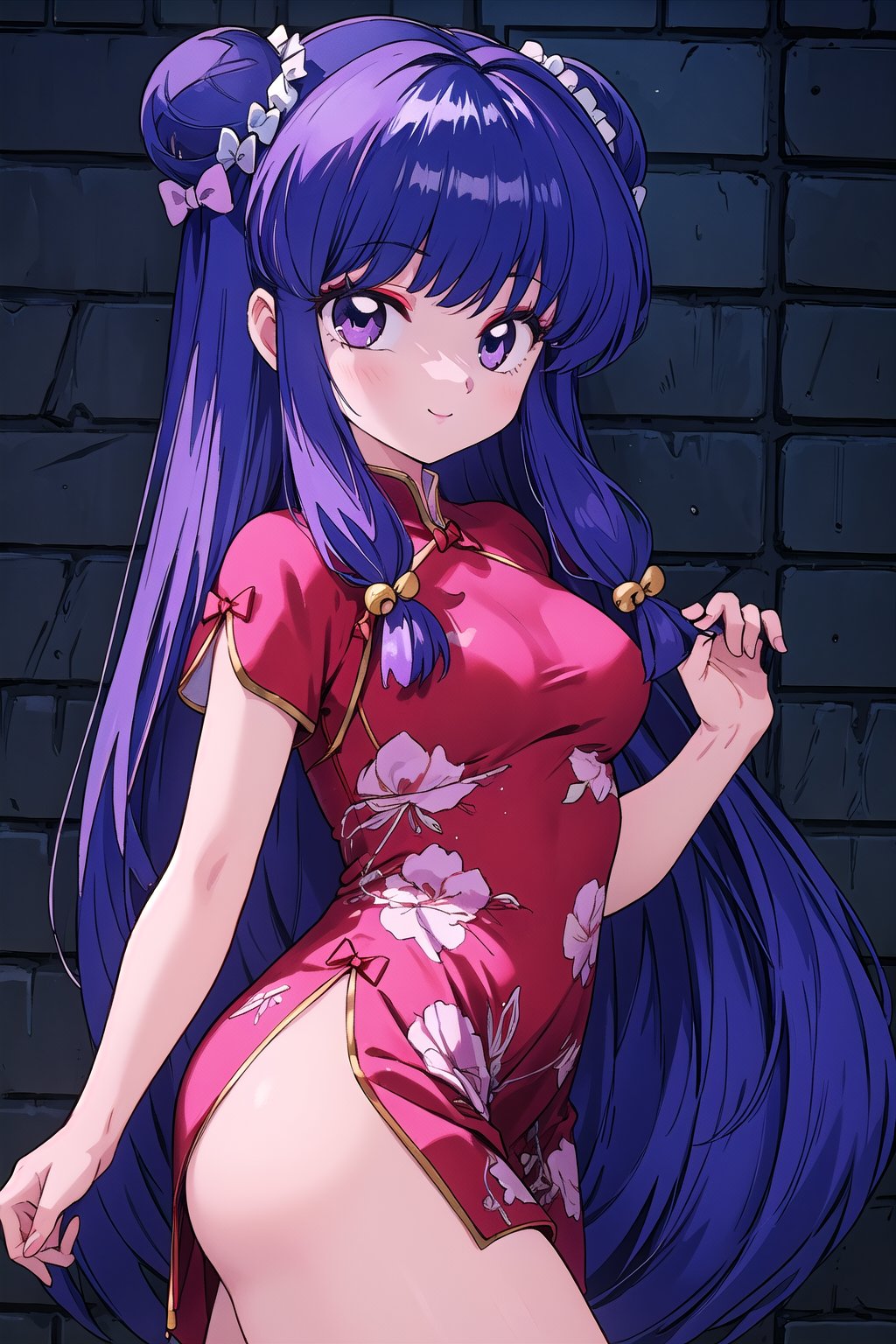 1girl, solo, long hair, breasts, looking at viewer, smile, bangs, hair ornament, dress, bow, medium breasts, closed mouth, purple eyes, purple hair, short sleeves, hair bow, sidelocks, cowboy shot, hair bun, from side, bell, double bun, chinese clothes, pink dress, china dress, side slit, hair bell, shampoo \(ranma 1/2\), Ultra-high texture quality, firm thighs, ultra-detailed, intricate details, absurd detailed, perfect face, beautiful face, perfect eyes, beautiful eyes, expression in the eyes, highly detailed, finely detailed, perfect anatomy, (best quality),(masterpiece), (high resolution), original, perfect hand, beautyful, hand,shanpuuranma