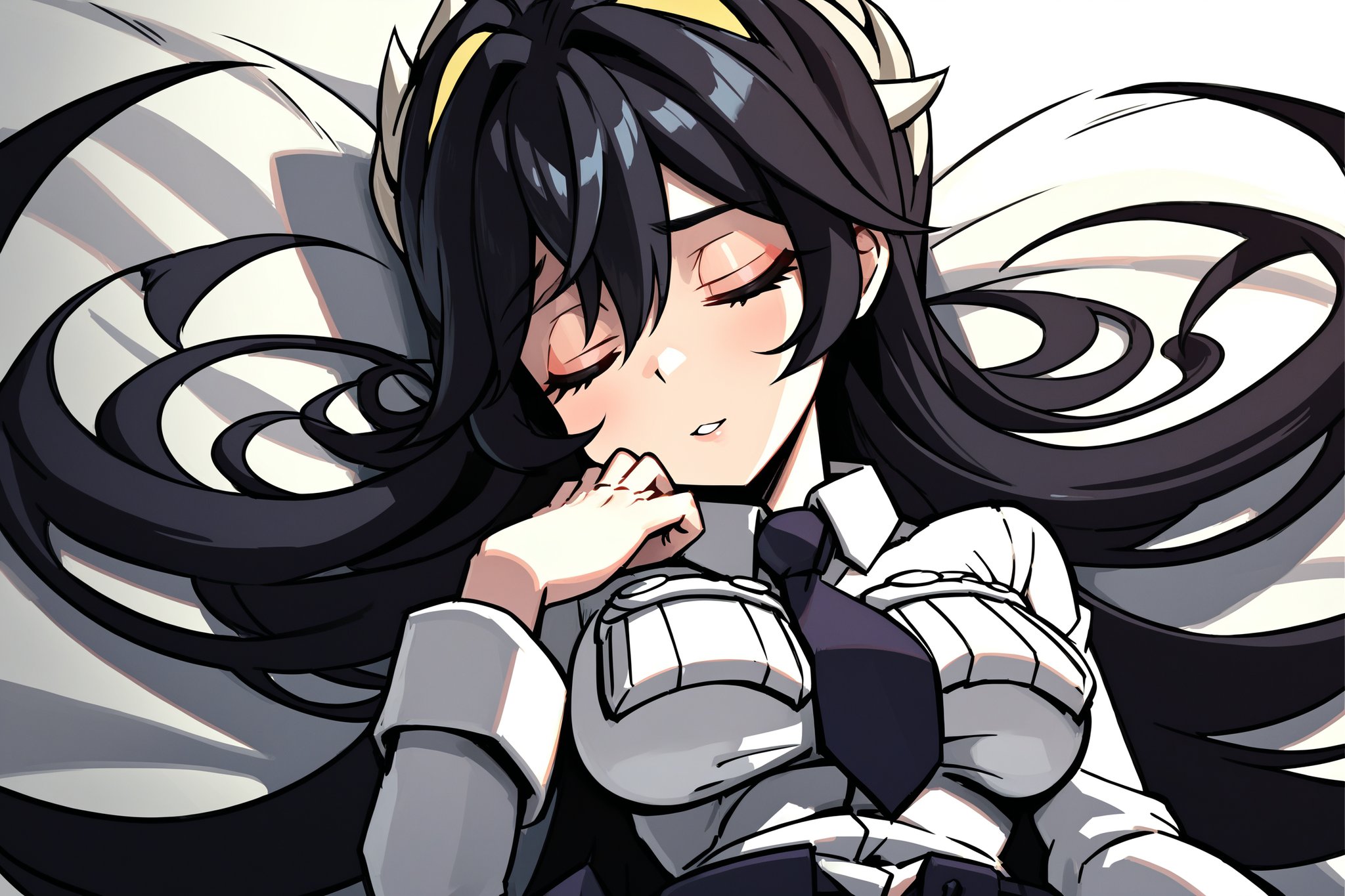 1girl, solo, long hair, breasts, skirt, black hair, thighhighs, school uniform, closed eyes, lying, necktie, black thighhighs, on back, sleeping, prehensile hair, extra mouth, ultra-detailed, intricate details, absurd detailed, perfect face, beautiful face, perfect eyes, beautiful eyes, expression in the eyes, highly detailed, finely detailed, perfect anatomy, (best quality),(masterpiece), (high resolution), original, perfect hand, beautyful ,hand, Filia