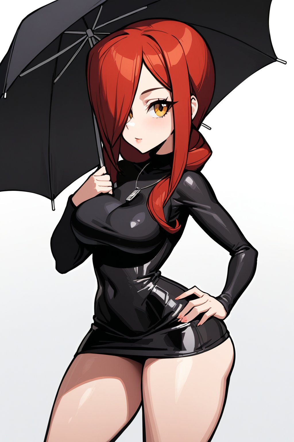 1girl, Parasoul, solo, long hair, breasts, looking at viewer, skirt, large breasts, simple background, long sleeves, dress, bare legs, jewelry, yellow eyes, red hair, cowboy shot, grey background, necklace, hair over one eye, sweater, hand on hip, turtleneck, umbrella, cross, holding umbrella, gray inverted cross, black umbrella, break, Ultra-high texture quality, breasts, huge ass, firm thighs, ultra-detailed, intricate details, absurd detailed, perfect face, beautiful face, perfect eyes, beautiful eyes, expression in the eyes, highly detailed, finely detailed, perfect anatomy, (best quality),(masterpiece), (high resolution), original, perfect hand, beautyful ,hand,inverted cross