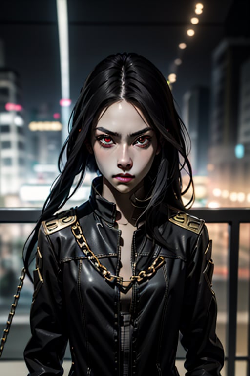 ((masterpiece))((high-quality))((Panoramic view))1woman, detailed_face, 18 years-old, black and long hair, red eyes, with chains before them, black suit with a golden emblem in the shoulder, chain caster