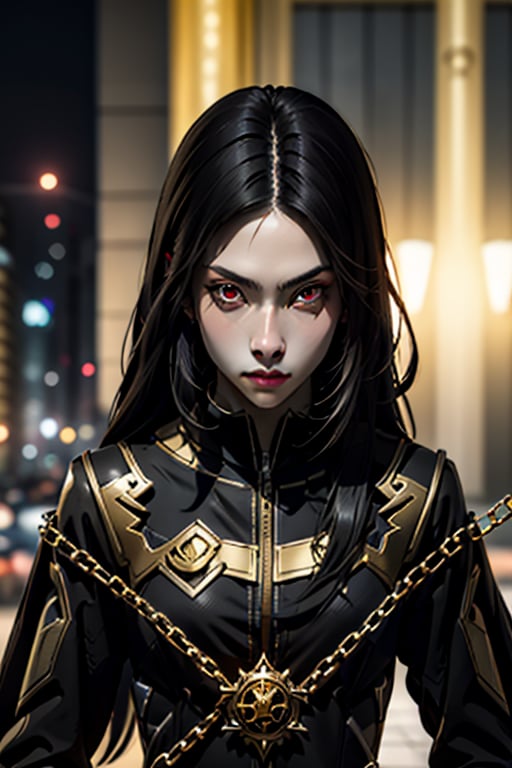 ((masterpiece))((high-quality))((Panoramic view))1woman, detailed_face, 18 years-old, black and long hair, red eyes, with chains before them, black suit with a golden emblem in the shoulder, full_body view