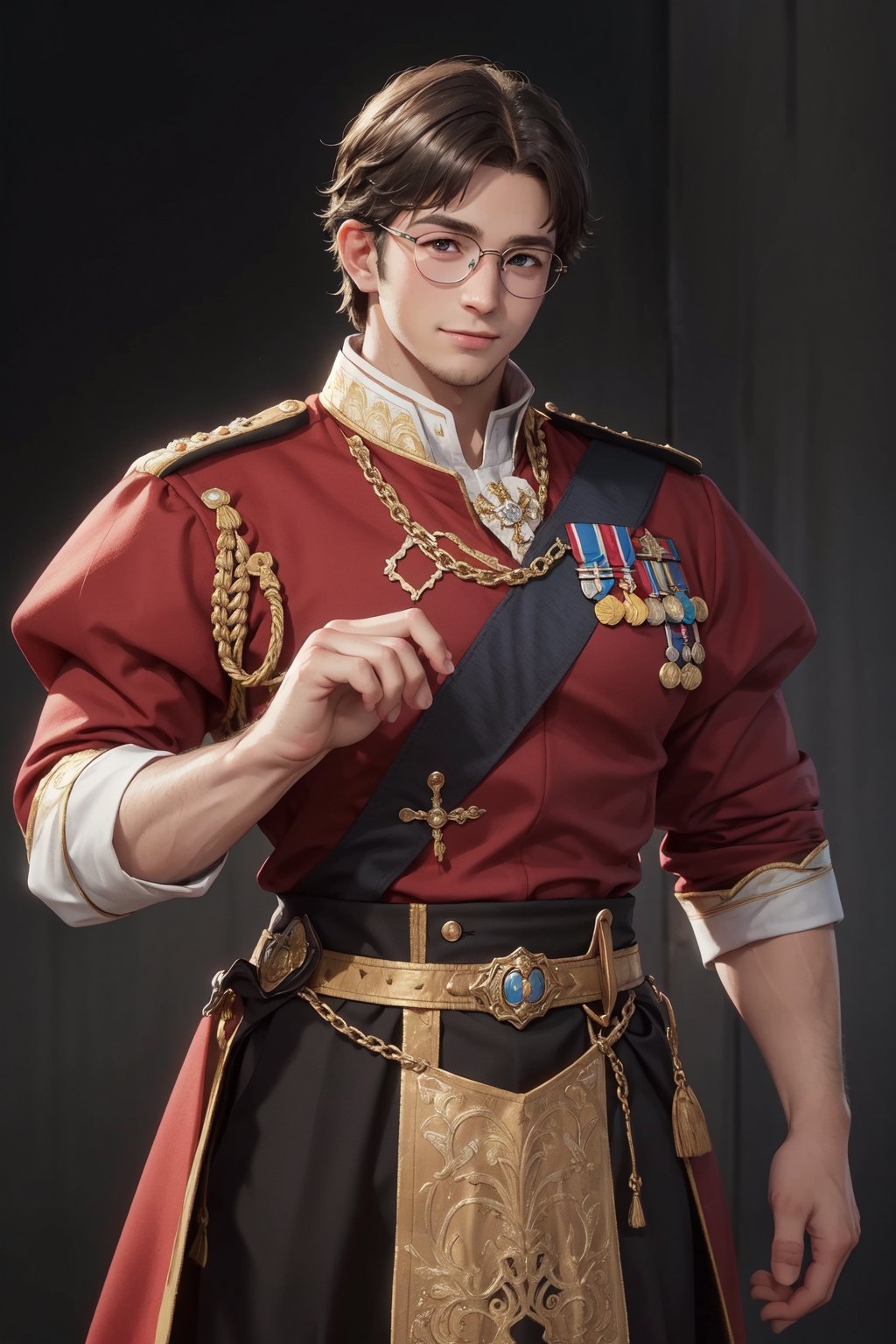 1_man, masculine, 1_man, burly, muscular, slight smile, perfect anatomy, perfect proportions, best quality, masterpiece, high_resolution, perfect hands, perfect fingers, intricate details, white_background, eye glasses, noble, prince outfit.,seamus_celeryman,Prince_of_Wales