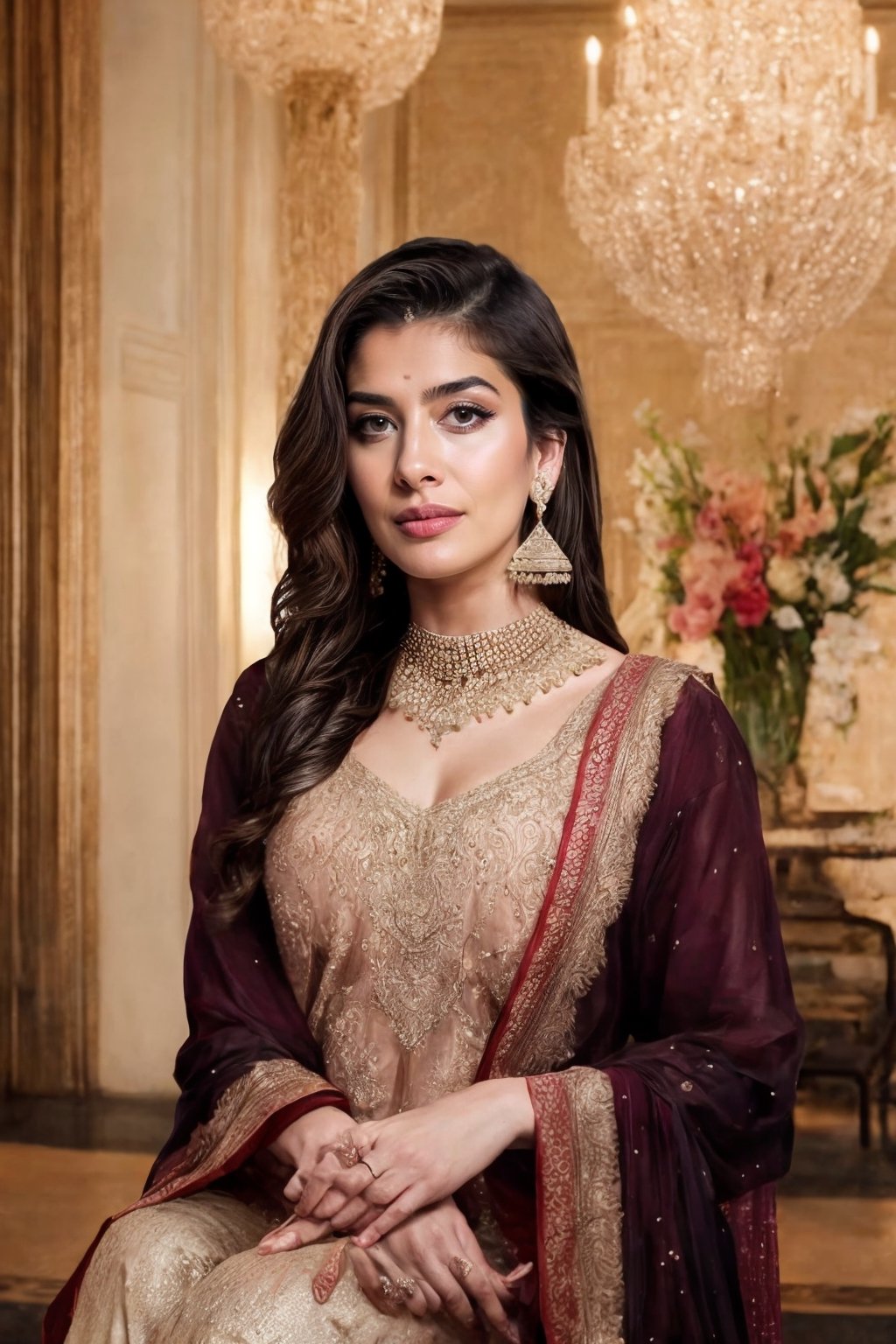  Envision a Pakistani beauty wearing a stunning white shalwar kameez, seated gracefully in a luxurious hotel foyer, her chest subtly accentuated, radiating confidence and elegance, adorned with intricate jewelry and dangling earrings, Detailed charcoal sketch, focusing on light and shadow to create depth and dimension, --ar 16:9 --v 5