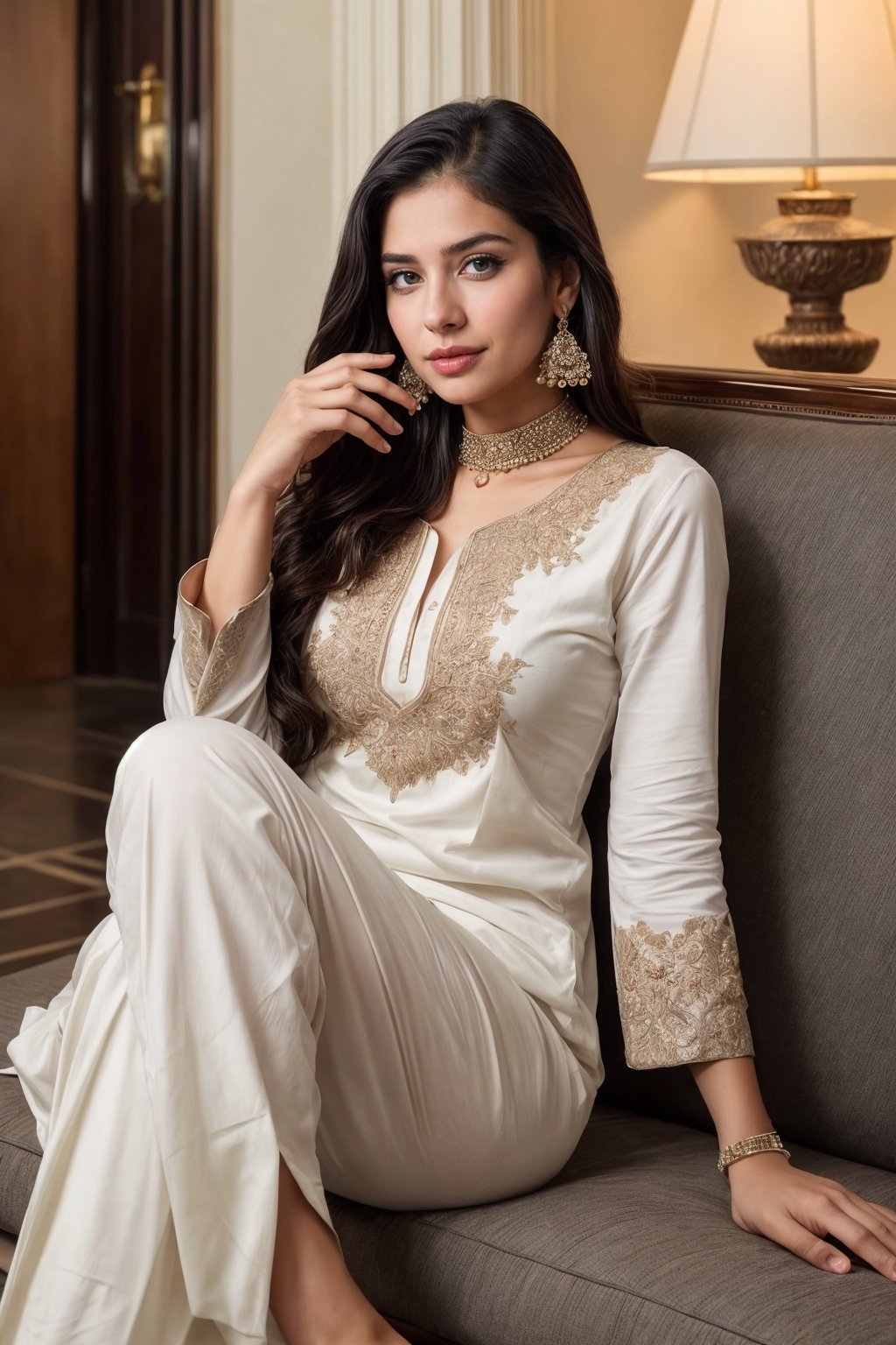 beautiful cute young attractive girl indian, teenage girl, village girl,18 year old,cute, instagram model,long black hair . Picture a Pakistani beauty in a pristine white shalwar kameez, lounging in the opulent setting of a hotel lobby, her posture exuding confidence, her chest slightly emphasized, adorned with elegant jewelry and delicate earrings, Digital art, rendered with soft pastel tones and detailed textures, --ar 16:9 --v 5