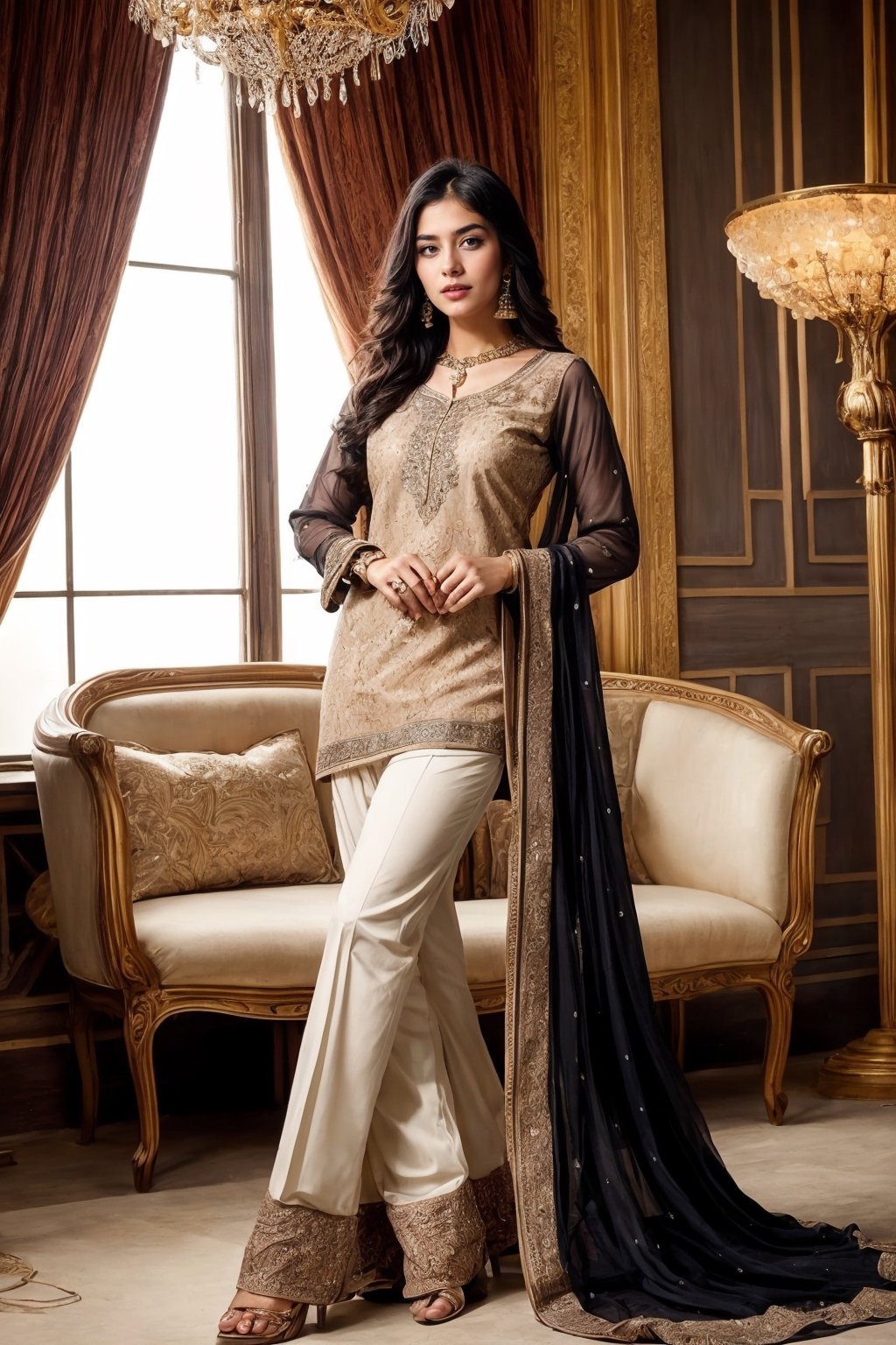 beautiful cute young attractive girl indian, teenage girl, village girl,18 year old,cute, instagram model,long black hair . Envision a Pakistani woman in an exquisite white shalwar kameez, lounging in a grand hotel foyer, the opulent surroundings reflecting her elegance, her demeanor suggesting sophistication as she wears fine jewelry and delicate earrings, Illustration, digital art with intricate detailing, capturing the richness of the setting, --ar 16:9 --v 5