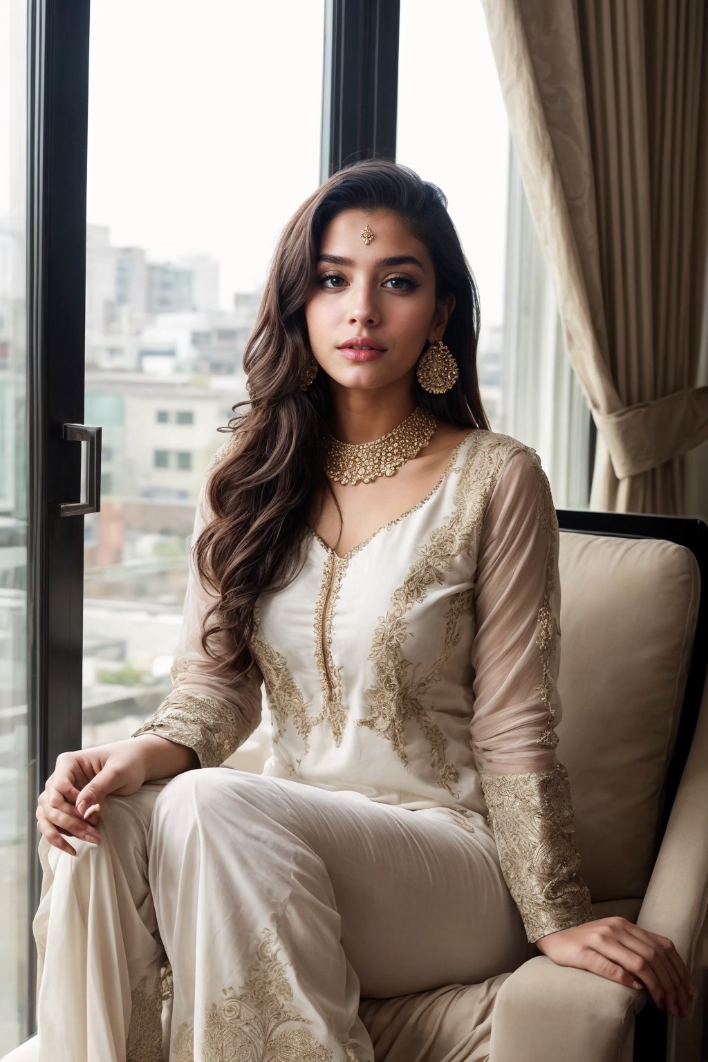 beautiful cute young attractive girl indian, teenage girl, village girl,18 year old,cute, instagram model,long black hair . Envision a Pakistani girl in a beautiful white shalwar kameez, seated elegantly in a luxurious hotel lounge, her chest subtly emphasized, exuding confidence and grace, adorned with exquisite jewelry including dangling earrings, Paperwork, intricate paper cutting with layered textures and delicate patterns, --ar 16:9 --v 5