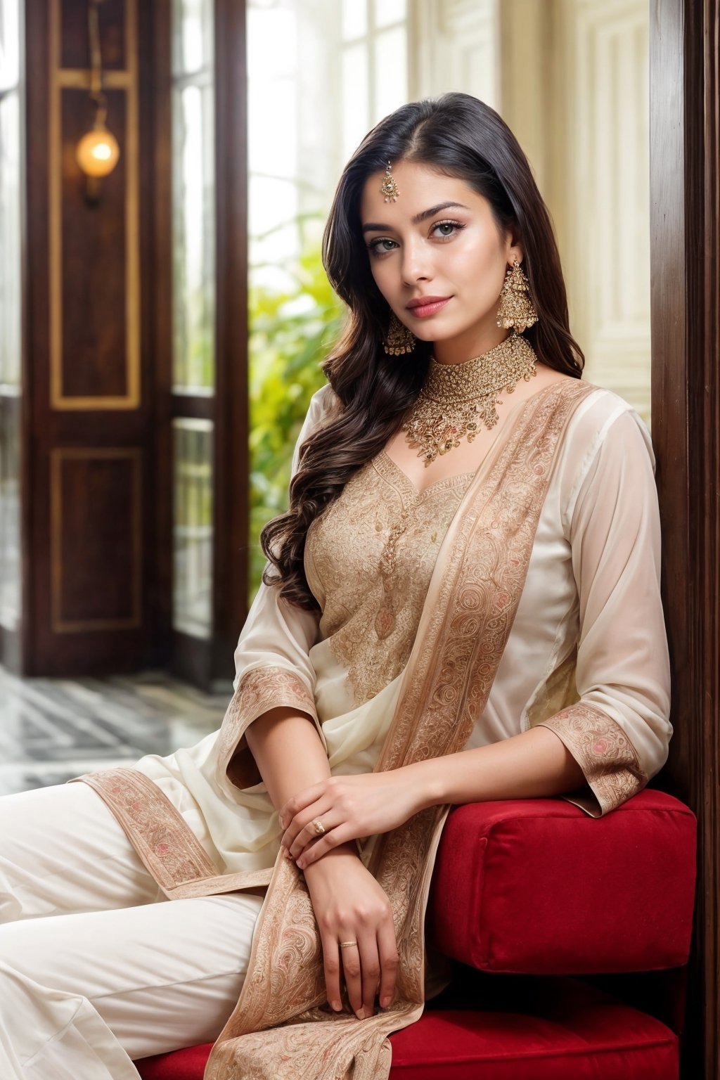 beautiful cute young attractive girl indian, teenage girl, village girl,18 year old,cute, instagram model,long black hair . Picture a Pakistani beauty in a pristine white shalwar kameez, lounging in the opulent setting of a hotel lobby, her posture exuding confidence, her chest slightly emphasized, adorned with elegant jewelry and delicate earrings, Digital art, rendered with soft pastel tones and detailed textures, --ar 16:9 --v 5