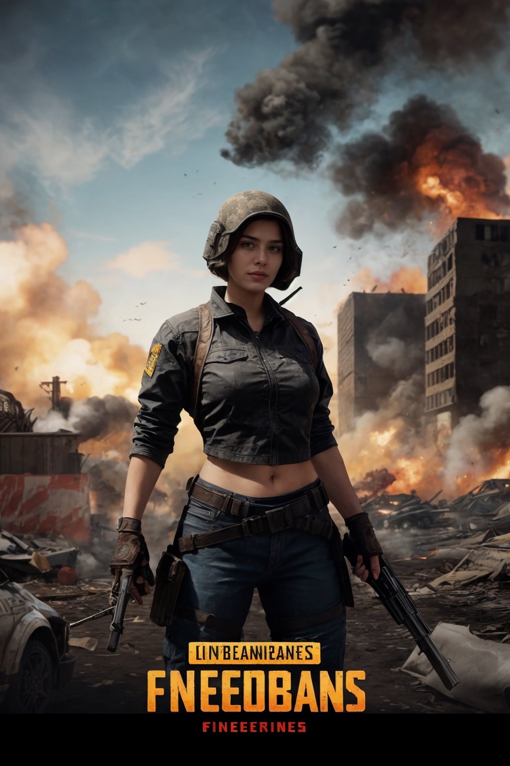 Illustrating Anna, a prominent character from PUBG Mobile, clad in battle gear, her attire adorned with camo patterns and tactical gear, set against a backdrop of a war-torn cityscape at dusk, with billowing smoke and crumbling buildings, conveying a sense of resilience and survival amidst adversity, Digital painting, utilizing a combination of bold brush strokes and fine detailing to evoke a gritty, cinematic atmosphere, --ar 16:9 --v 5