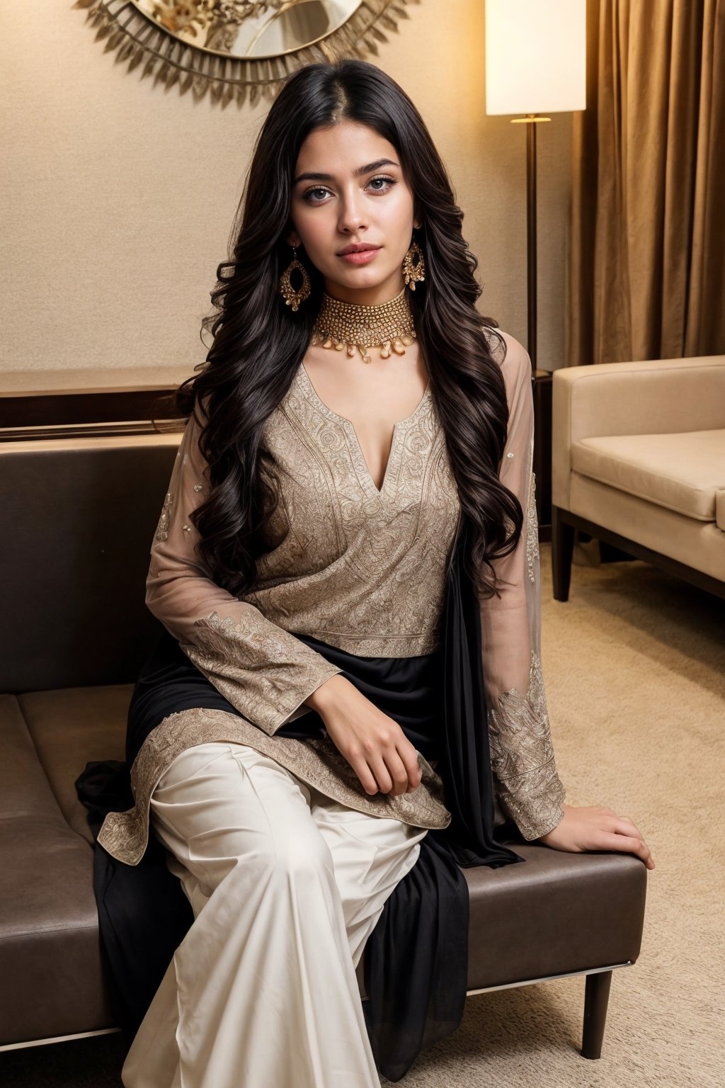 beautiful cute young attractive girl indian, teenage girl, village girl,18 year old,cute, instagram model,long black hair . Imagine a Pakistani woman wearing a stunning white shalwar kameez, reclining gracefully in a lavish hotel lobby, her confidence evident in her posture, her chest subtly accentuated, adorned with intricate jewelry and elegant earrings, 3D rendering, focusing on lifelike textures and lighting effects, --ar 16:9 --v 5