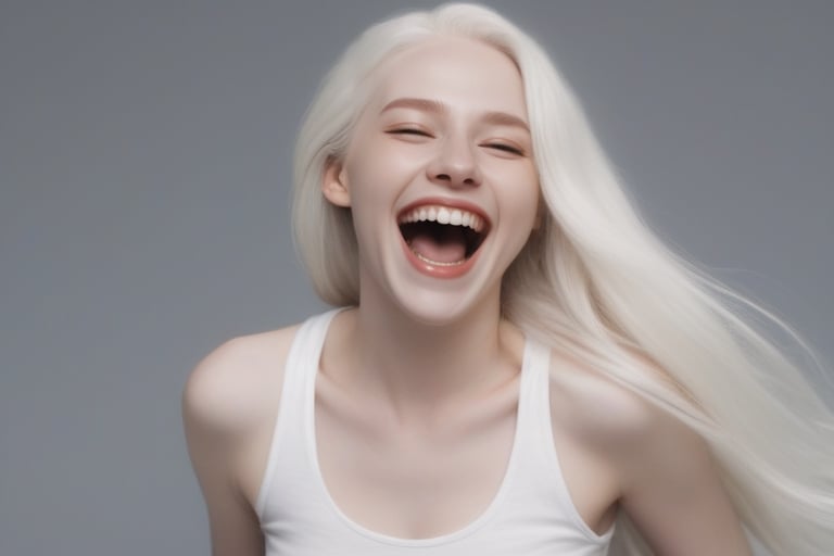 Beautiful porcelain pale skinned woman with super long  platinum blonde/white hair. she's laughing and having fun. she's wearing a thin white tanktop no bra, analog photograph, professional fashion photoshoot, hyperrealistic, masterpiece, trending on artstation,krrrsty. fun pose