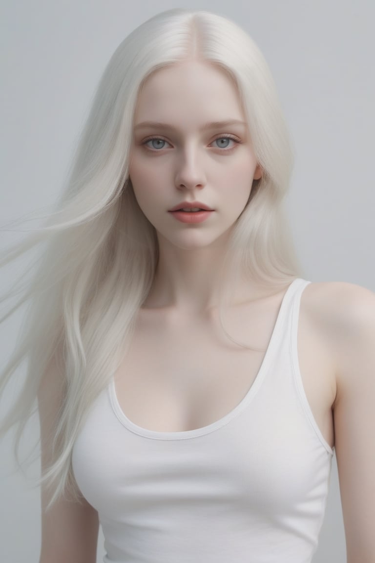 Beautiful porcelain pale skinned woman with super long  platinum blonde/white hair. she's wearing a thin white tanktop no bra, analog photograph, professional fashion photoshoot, hyperrealistic, masterpiece, trending on artstation,krrrsty