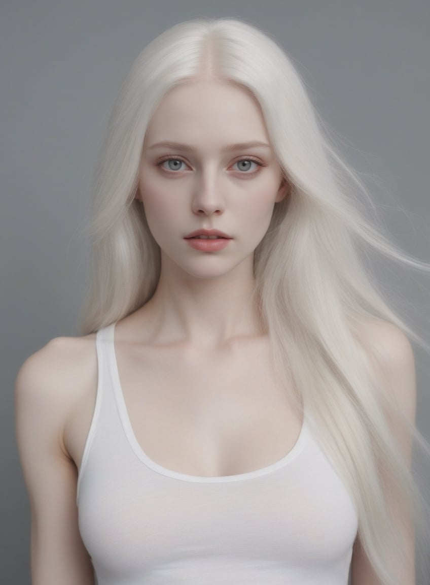 Beautiful porcelain pale skinned woman with super long  platinum blonde/white hair. she's wearing a thin white tanktop no bra, analog photograph, professional fashion photoshoot, hyperrealistic, masterpiece, trending on artstation,krrrsty