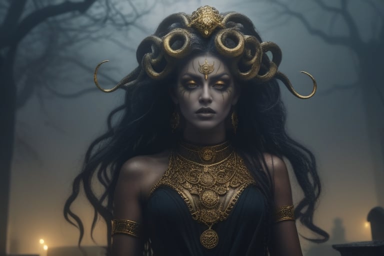 A stunning and fierce Medusa, adorned with intricate gold markings on her face and gold jewelry, stands tall in the eerie foggy cemetery at night, her serpentine hair writhing with power. dark tons, powerful, 8k, 