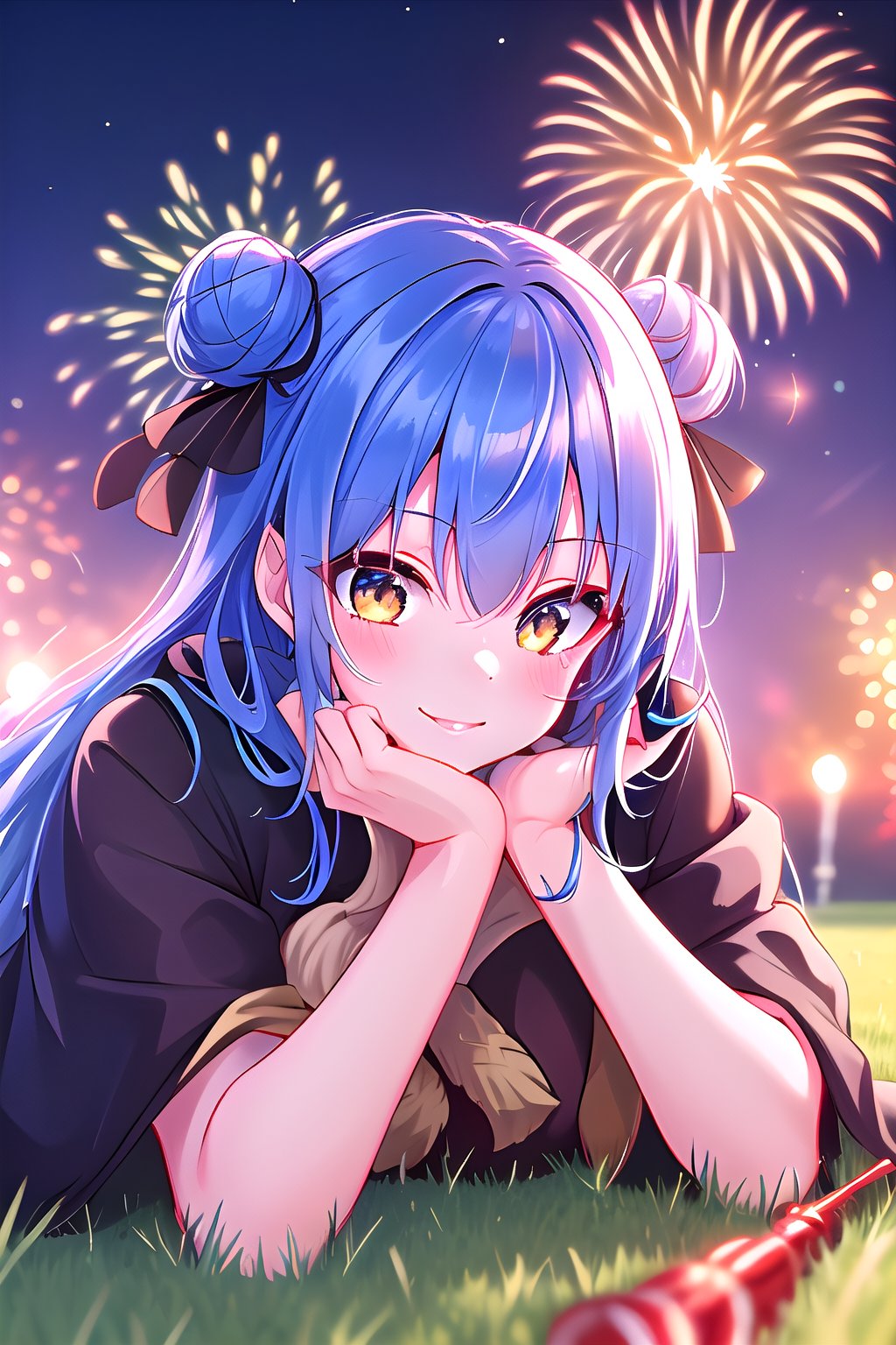 Vibrant azure blue hair, golden eyes, content smile, masterpiece, 1girl, best quality, outdoors, fireworks, night sky, lying on the grass with hands behind head, watching the fireworks calmly, Velgrynd, Tensura,