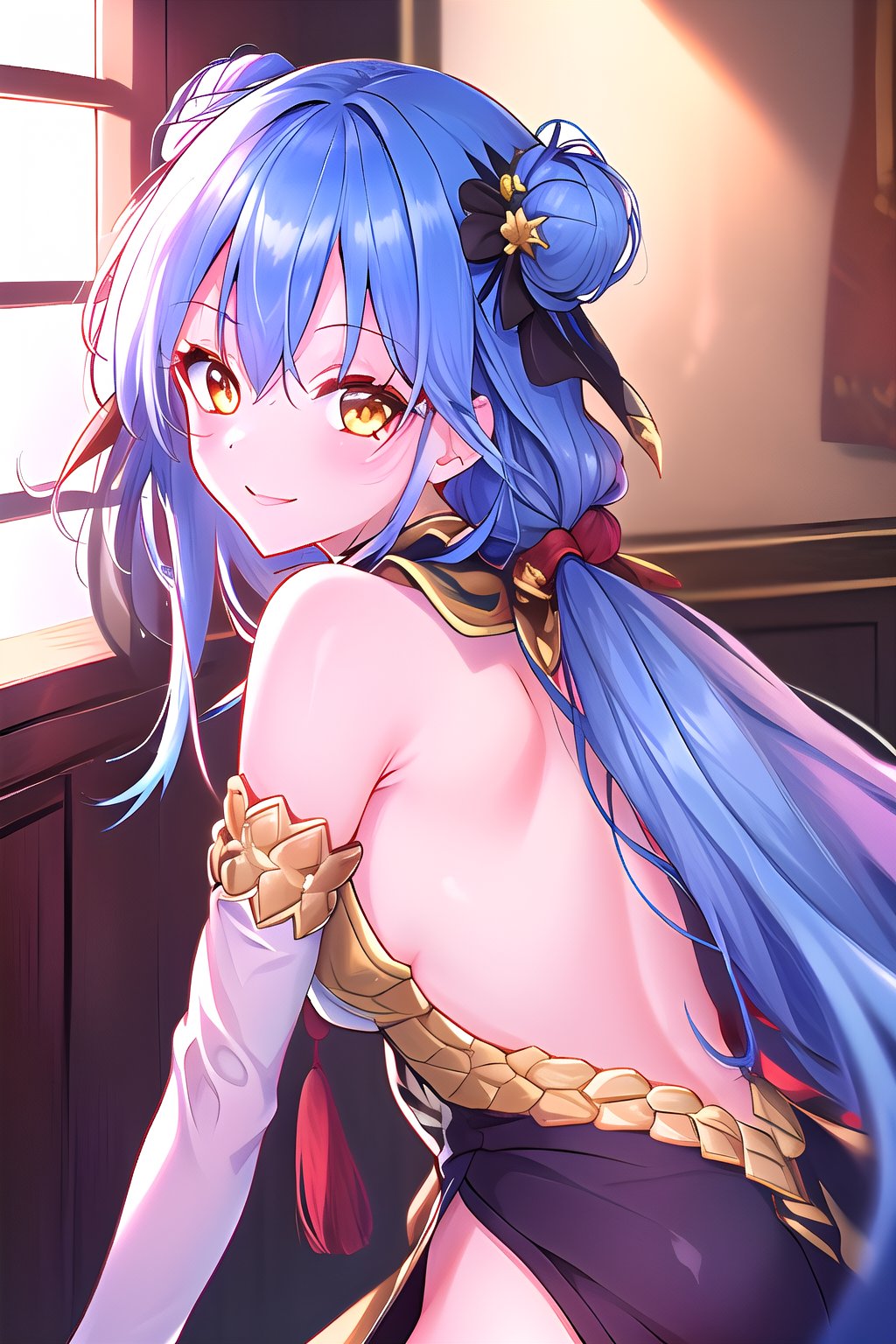  vibrant blue locks cascade down her back, golden eyes, smiling, masterpiece, 1girl, best quality, indoors, Velgrynd, tensura