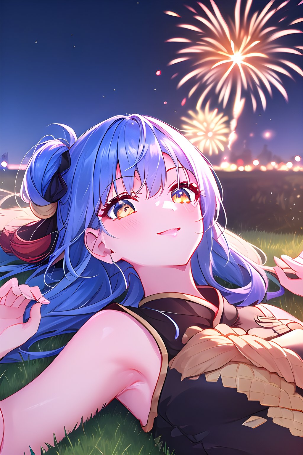 Vibrant azure blue hair, golden eyes, content smile, masterpiece, 1girl, best quality, outdoors, fireworks, night sky, lying on the grass on back, watching the fireworks calmly, Velgrynd, Tensura,