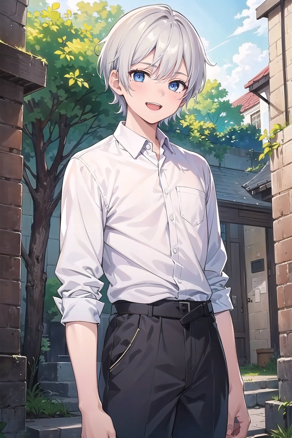 1man, ((best quality)), ((highly detailed)), masterpiece, ((official art)), detailed face, a 13 year old boy, silver white hair, short hair, deep blue eyes, detailed face, waist-up shot, HDRI, masterpiece, smooth, sharp focus, illustration, emo, pupiles, happy, casual cloths, a bit muscular, and man build,