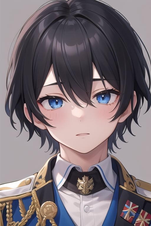 1boy, royal military outfit, blue eyes, black hair,