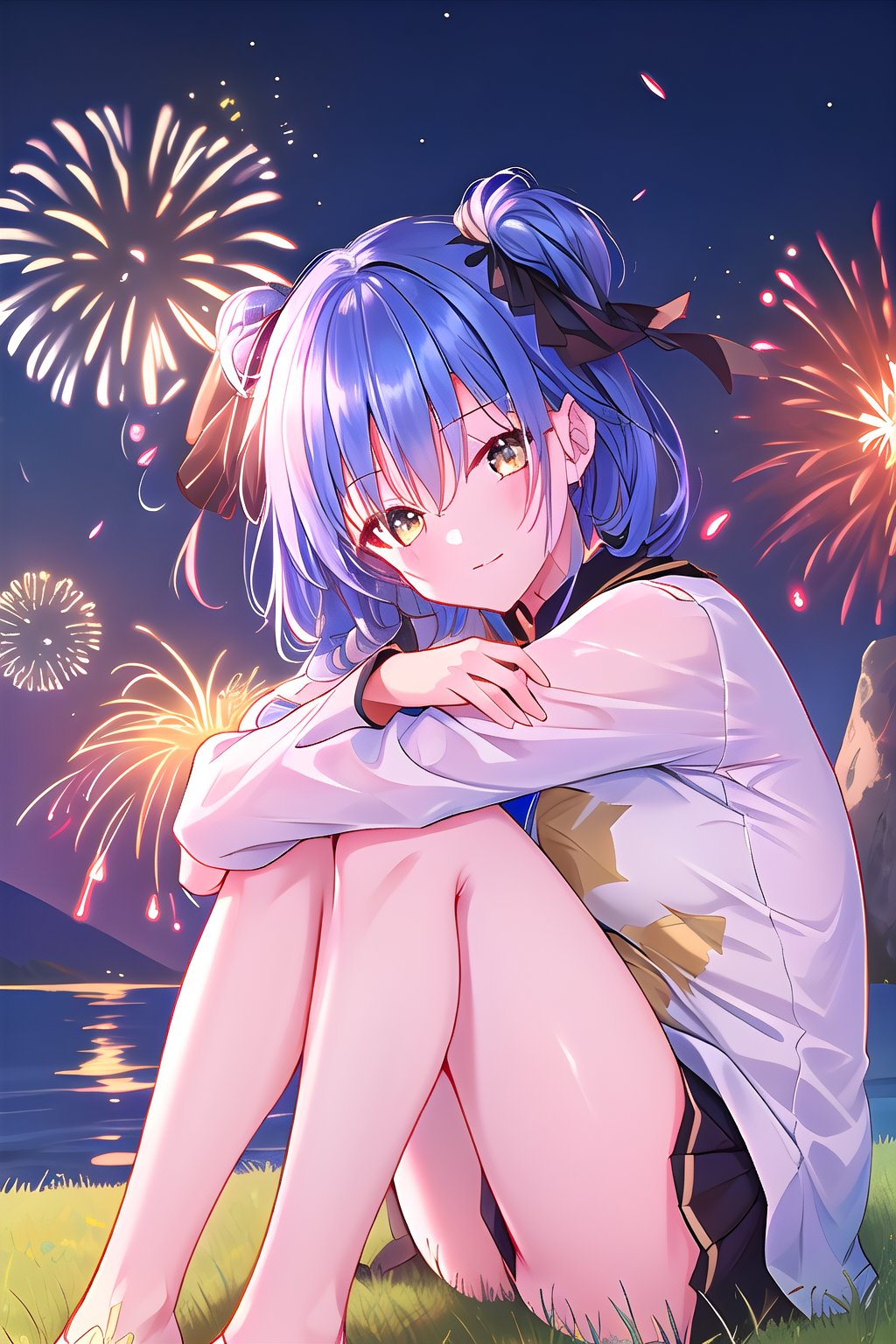  Vibrant azure blue hair, golden eyes, serene expression, masterpiece, 1women, best quality, outdoors, fireworks, night sky, sitting on a grassy hill, hugging knees, watching the fireworks with a peaceful smile, 