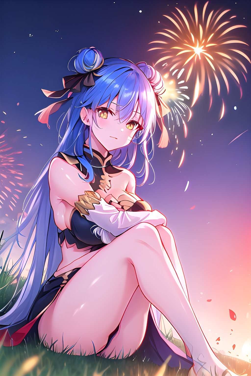  Vibrant azure blue hair, golden eyes, serene expression, masterpiece, 1women, best quality, outdoors, fireworks, night sky, sitting on a grassy terrain, hugging knees, looking the fireworks with a peaceful smile, Velgrynd, Tensura, C size breast,