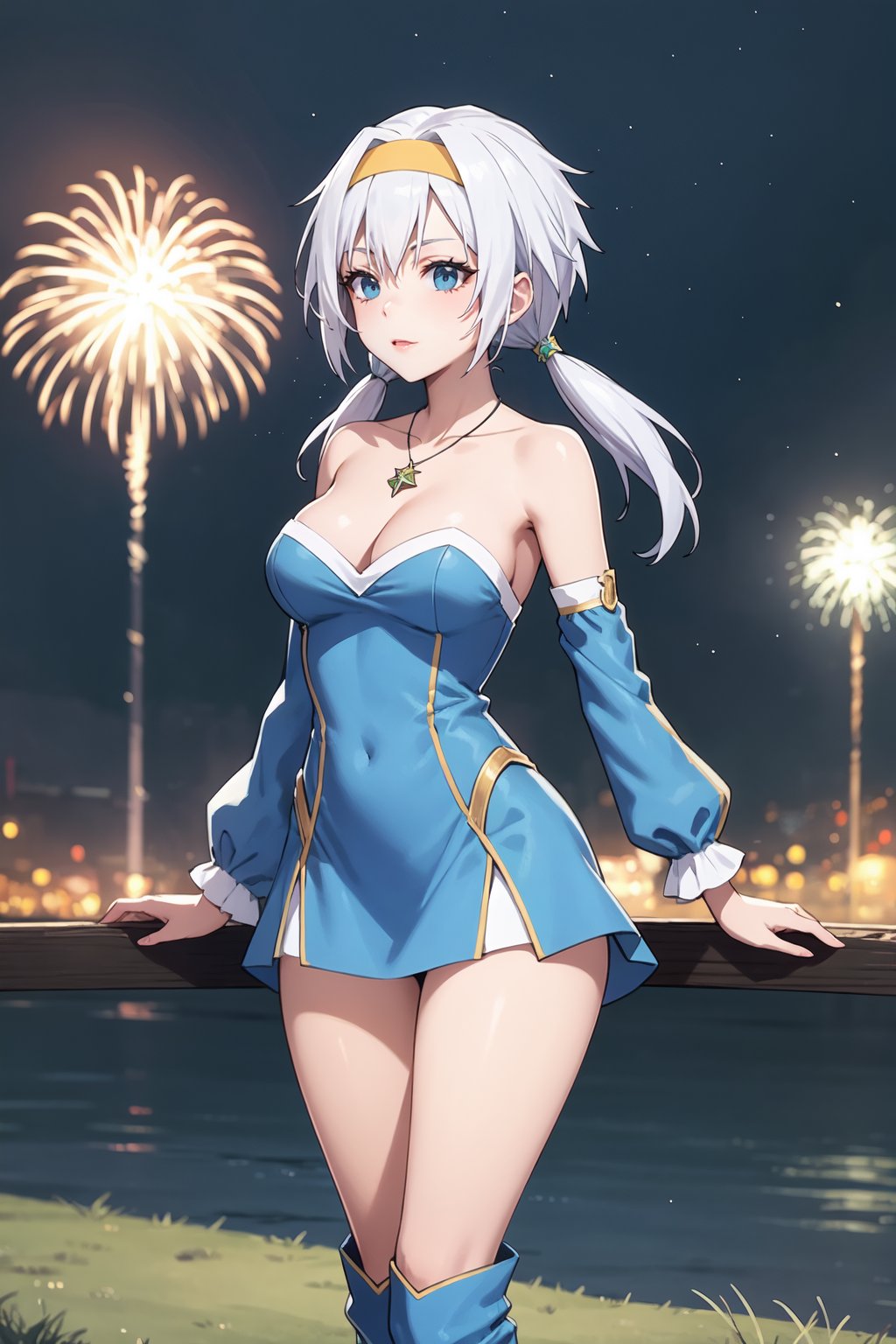 (masterpiece,  best quality,  intricate detail),  (illustration),  (beautiful detailed eyes),  (1girls),  (solo),  (beautiful detailed hair),  (better lights,  better shadows),
blue footwear, low twintails, blue eyes, blue dress, jewelry, hairband, bare shoulders, necklace, medium breasts, standing, detached sleeves,knee boots, cleavage, strapless, collarbone, white hair, strapless dress, yellow hairband, (breasts apart,  medium breasts,  wide hips,  milf,  mature female:1.2),  Grassy Terrain),  soft ambient lighting,  (blush:1.5),  looking at viewer,  (standing,  contrapposto,  thigh gap:1.2),  (facing viewer:1.5),  (Velzard,  blue eyes,  silver hair,  hair streaks),  (while dress with blue skirt)  closed mouth,  sad face,  frown,  (half closed eyes:1.2), (Velzard),  sexy girl, outdoors, fireworks, night sky, looking at the fireworks in the sky with a smile as if enchanted by the beauty, side view of the girl looking up, wide shot, ((smiling happily)),