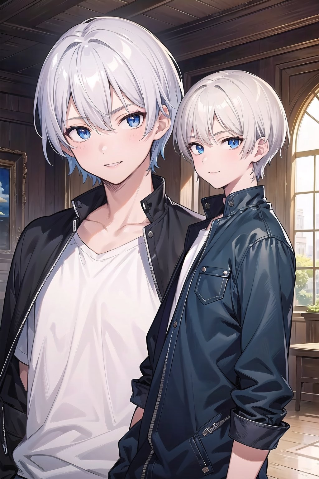 1man, ((best quality)), ((highly detailed)), masterpiece, ((official art)), detailed face, a 14 year old boy, silver white hair, short hair, deep blue eyes, detailed face, waist-up shot, HDRI, masterpiece, smooth, sharp focus, illustration, emo, pupiles, happy, casual cloths, a bit muscular, and man build,