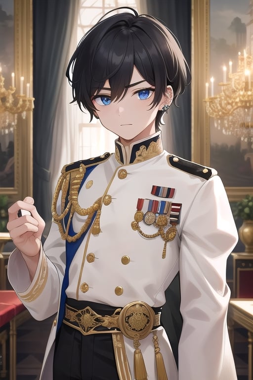 1boy, royal military outfit, blue eyes, black hair,Craft an AI-generated artwork depicting a young man adorned in the attire of royal military regalia. The uniform should be meticulously detailed, featuring ornate embellishments and regal insignia. His sleek, ebony hair should be impeccably styled, framing a face that exudes determination and nobility. His piercing blue eyes should convey a sense of depth and wisdom, adding a captivating allure to his countenance. Set the scene against the backdrop of a majestic palace interior, complete with lavish furnishings and opulent decor, highlighting the grandeur of this esteemed character.