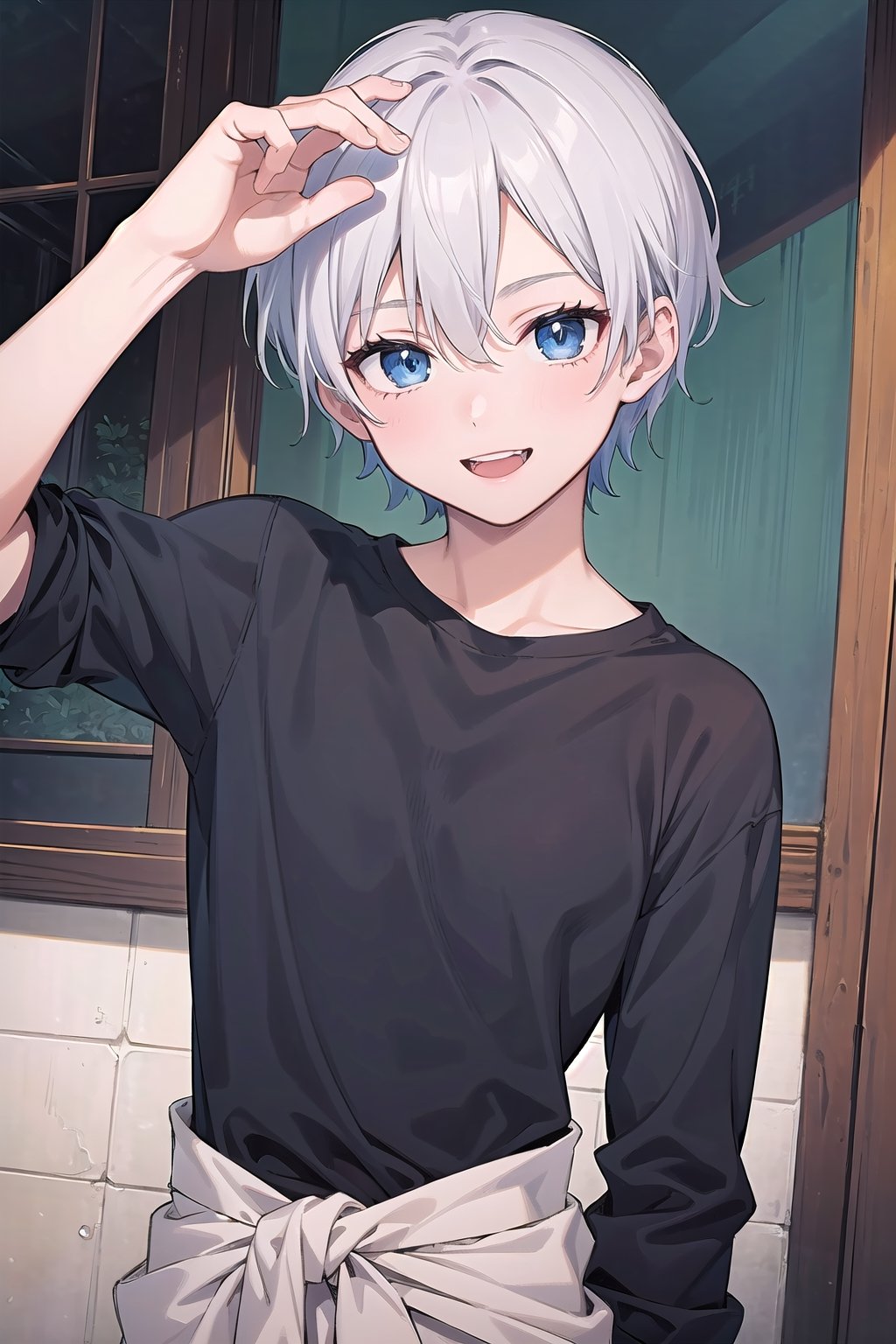 1man, ((best quality)), ((highly detailed)), masterpiece, ((official art)), detailed face, a 13 year old boy, silver white hair, short hair, deep blue eyes, detailed face, waist-up shot, HDRI, masterpiece, smooth, sharp focus, illustration, emo, pupiles, happy, casual cloths