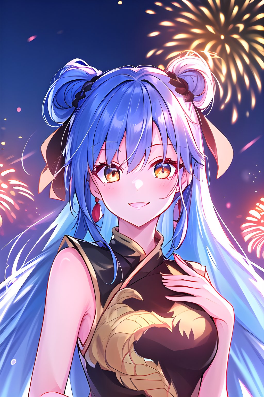  Vibrant Asure blue hair , golden eyes, smiling, masterpiece, 1girl, best quality, outdoors, fireworks, night sky, looking at the fireworks at sky with a smile as if she was enchanted with the beauty, Velgrynd, tensura