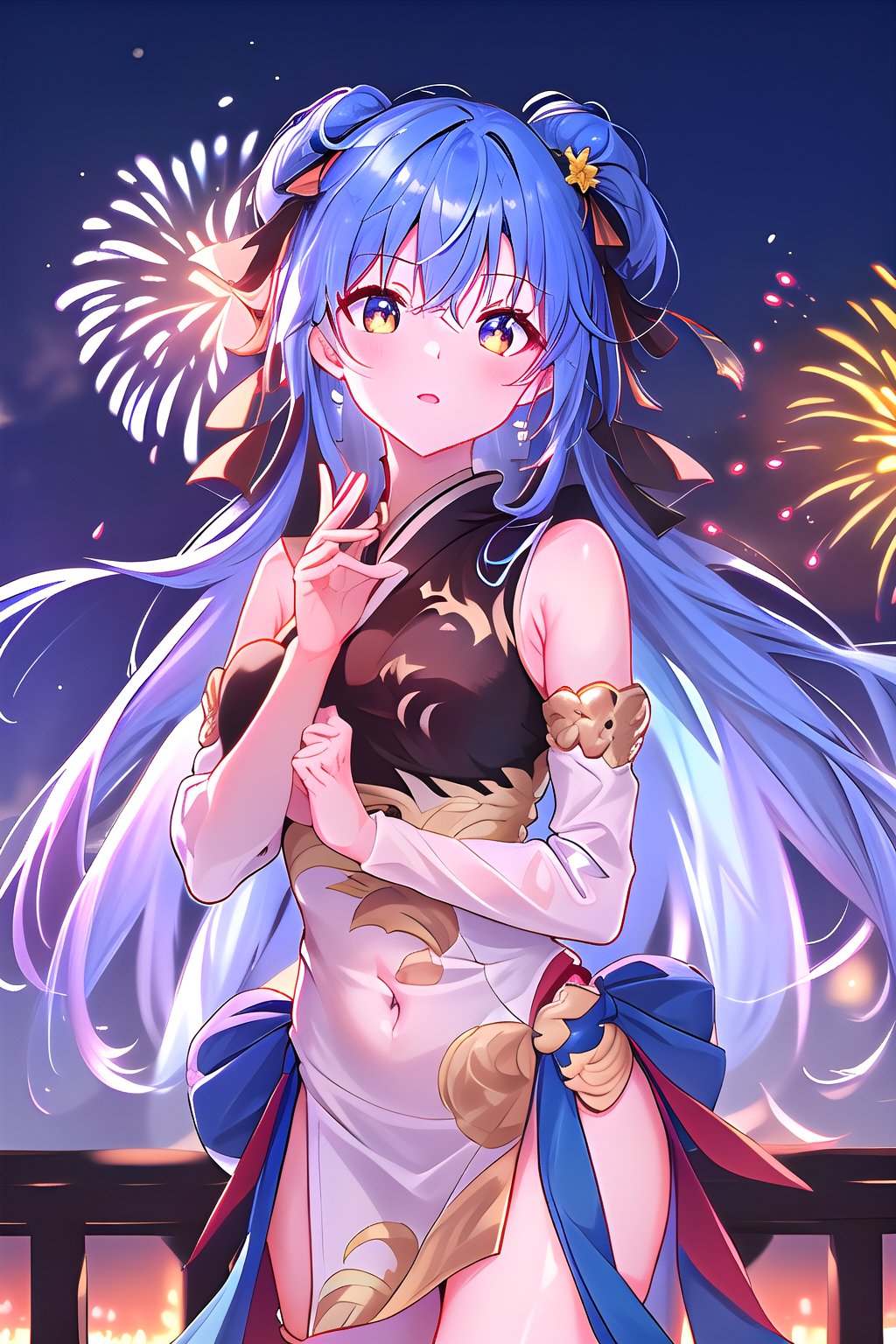 Vibrant azure blue hair, golden eyes, mesmerized expression, masterpiece, 1girl, best quality, outdoors, fireworks, night sky, standing still with hands slightly raised, captivated by the fireworks' beauty, Velgrynd, Tensura,