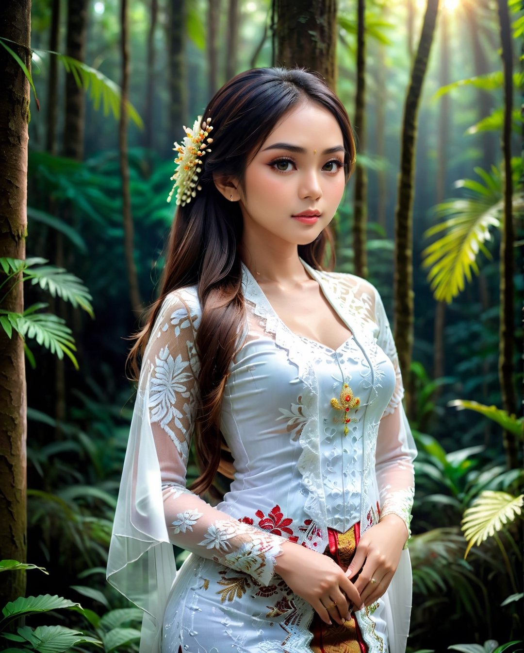 Create a photorealistic masterpiece of a beautiful woman with long hair wearing traditional Indonesian white kebaya attire. Set her against a dark, forest backdrop with a captivating glow in the background and bokeh effect. Ensure the image quality is 8K with ultra-realistic details.,kebaya
