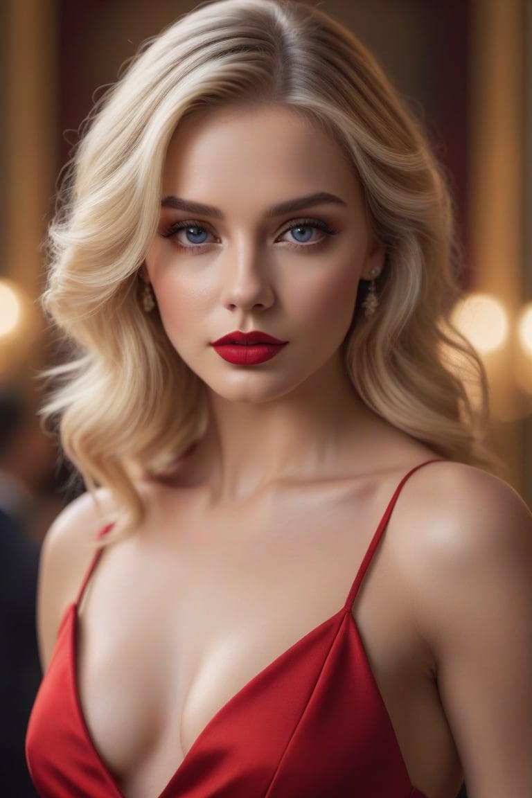 Realistic eyes, full body picture, standing, beautiful lady, blonde hair, dark makeup, hyperdetailed photography, soft light, athletic body, realistic eyes, hyperdetailed eyes, hyper realistic, 16k eyes in focus full body, red dress, red lips
