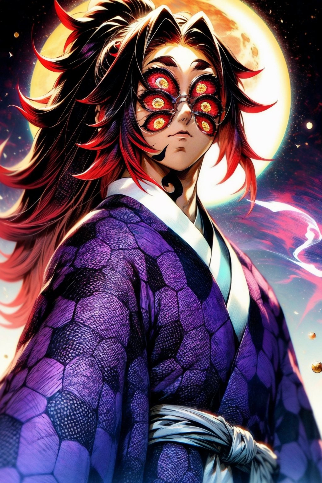 Highly detailed. High Quality, Masterpiece,beautiful, Make an image of Kokushibo from the anime Kimetsu no Yaiba, May he be faithful to his 6 eyes, with a moon in maroon tones and smoke also in maroon tones