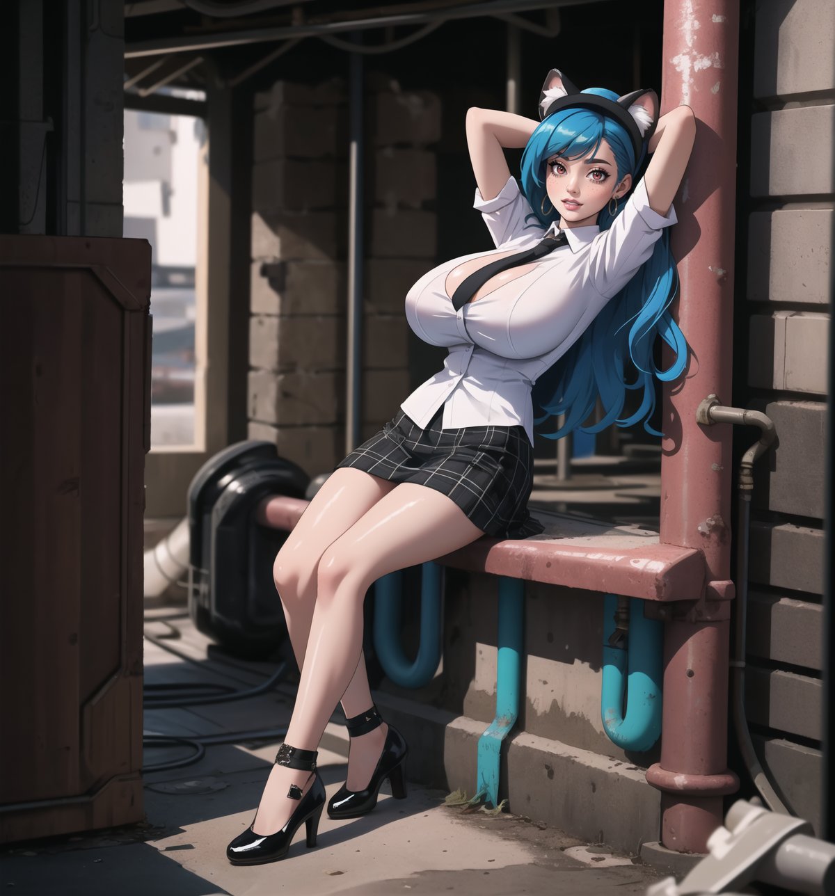 An ultra-detailed 4K masterpiece with sensual and cyberpunk styles, rendered in ultra-high resolution with realistic details. | Carla, a young 23-year-old woman with huge breasts, is dressed in a school outfit, consisting of a white blouse, a black and white plaid skirt, black socks and black low-heeled shoes. She is also wearing a black tie, a black school cap with blue cat ears, silver heart earrings, and a black leather bracelet. Her blue hair is long and straight, falling over her shoulders in a half-up hairstyle. She has red eyes, which are looking straight at the viewer with a seductive smile, showing her shiny white teeth. It is located in a filthy sewer, with rock, concrete and wooden structures. The place is poorly lit, with pipes and machines scattered across the floor. The atmosphere is dirty and uncomfortable, but Carla seems to feel comfortable and safe in the midst of it all. | The image highlights Carla's sensual figure and the cyberpunk elements of the setting. The rock, concrete, and wooden structures create a grungy, uncomfortable atmosphere, but the colorful lighting and technological details add a futuristic, modern touch. | The composition of the image is balanced and dynamic, with emphasis on Carla's sensual pose and the details of the scenery. The camera is positioned to highlight Carla's beauty and confidence amidst the dirt and clutter. | The overall effect of the image is sensual and cyberpunk, with an emphasis on Carla's beauty and sensuality in contrast to the dirty and uncomfortable setting. Lighting effects and technological details contribute to an immersive and futuristic visual experience. | Carla in a filthy sewer, creating a sensual and cyberpunk atmosphere. | (((The image reveals a full-body shot as Carla assumes a sensual pose, engagingly leaning against a structure within the scene in an exciting manner. She takes on a sensual pose as she interacts, boldly leaning on a structure, leaning back and boldly throwing herself onto the structure, reclining back in an exhilarating way.))). | ((((full-body shot)))), ((perfect pose)), ((perfect arms):1.2), ((perfect limbs, perfect fingers, better hands, perfect hands, hands)), ((perfect legs, perfect feet):1.2), Carla has (((huge breasts))), ((perfect design)), ((perfect composition)), ((very detailed scene, very detailed background, perfect layout, correct imperfections)), Enhance, Ultra details, More Detail, ((poakl)),