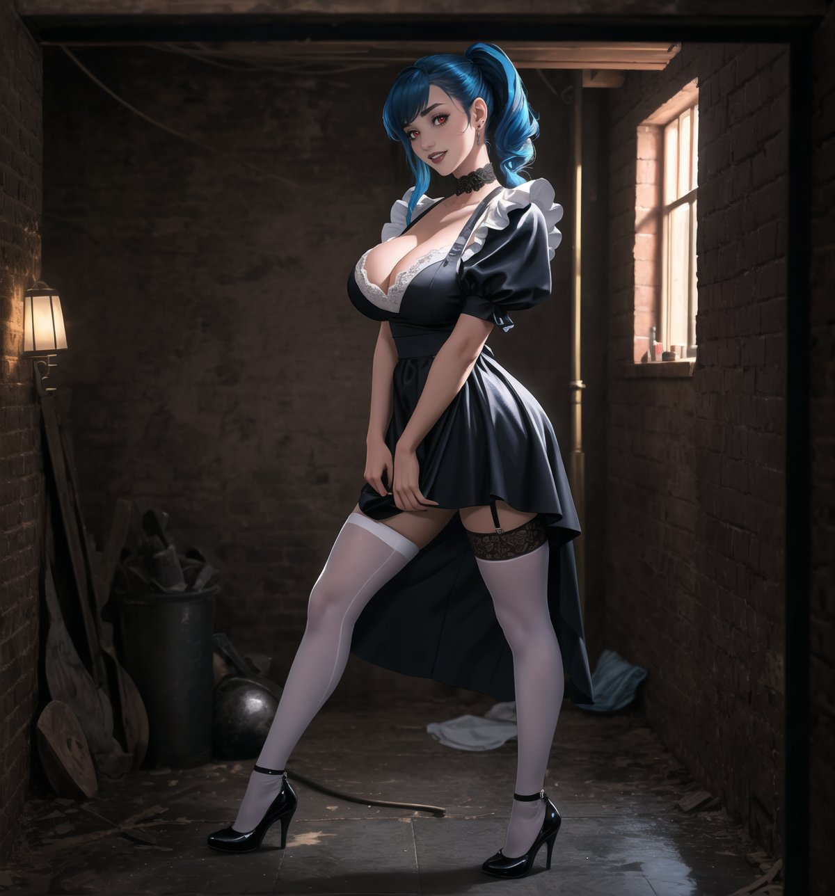 An ultra-detailed 4K masterpiece with gothic and horror styles, rendered in ultra-high resolution with realistic graphic details. | Daiana, a young 23-year-old woman with huge breasts, is dressed in a maid outfit, consisting of a tight black dress with white details, black stockings and black low-heeled shoes. She is also wearing a white apron, a white maid cap, silver heart earrings, and a black leather bracelet. Her blue hair is long and straight, falling over her shoulders in a half-up hairstyle. ((She has red eyes, which are looking straight at the viewer with a seductive smile, showing her shiny white teeth)). It is located in a macabre destroyed and filthy house, with rock, concrete and wooden structures. The place is poorly lit, with pipes and machines scattered across the floor. The atmosphere is creepy and uncomfortable, with ominous shadows moving through the hallways and strange sounds echoing through the building. | The image highlights Daiana's sensual figure and the architectural elements of the house. The rock, concrete and wooden structures, along with the pipes and machines, create a gothic and horror environment. Dim, intermittent lights illuminate the scene, creating eerie shadows and highlighting the details of the scene. | Soft, shadowy lighting effects create a tense, fear-filled atmosphere, while detailed textures on skin and clothing add realism to the image. | A frightening and seductive scene of a young woman dressed as a maid in a macabre destroyed house, exploring themes of horror, fear and seduction. | (((The image reveals a full-body shot as Daiana assumes a sensual pose, engagingly leaning against a structure within the scene in an exciting manner. She takes on a sensual pose as she interacts, boldly leaning on a structure, leaning back and boldly throwing herself onto the structure, reclining back in an exhilarating way.))). | ((((full-body shot)))), ((perfect pose)), ((perfect arms):1.2), ((perfect limbs, perfect fingers, better hands, perfect hands, hands)), ((perfect legs, perfect feet):1.2), Daiana has (((huge breasts))), ((perfect design)), ((perfect composition)), ((very detailed scene, very detailed background, perfect layout, correct imperfections)), Enhance, Ultra details, More Detail, ((poakl))