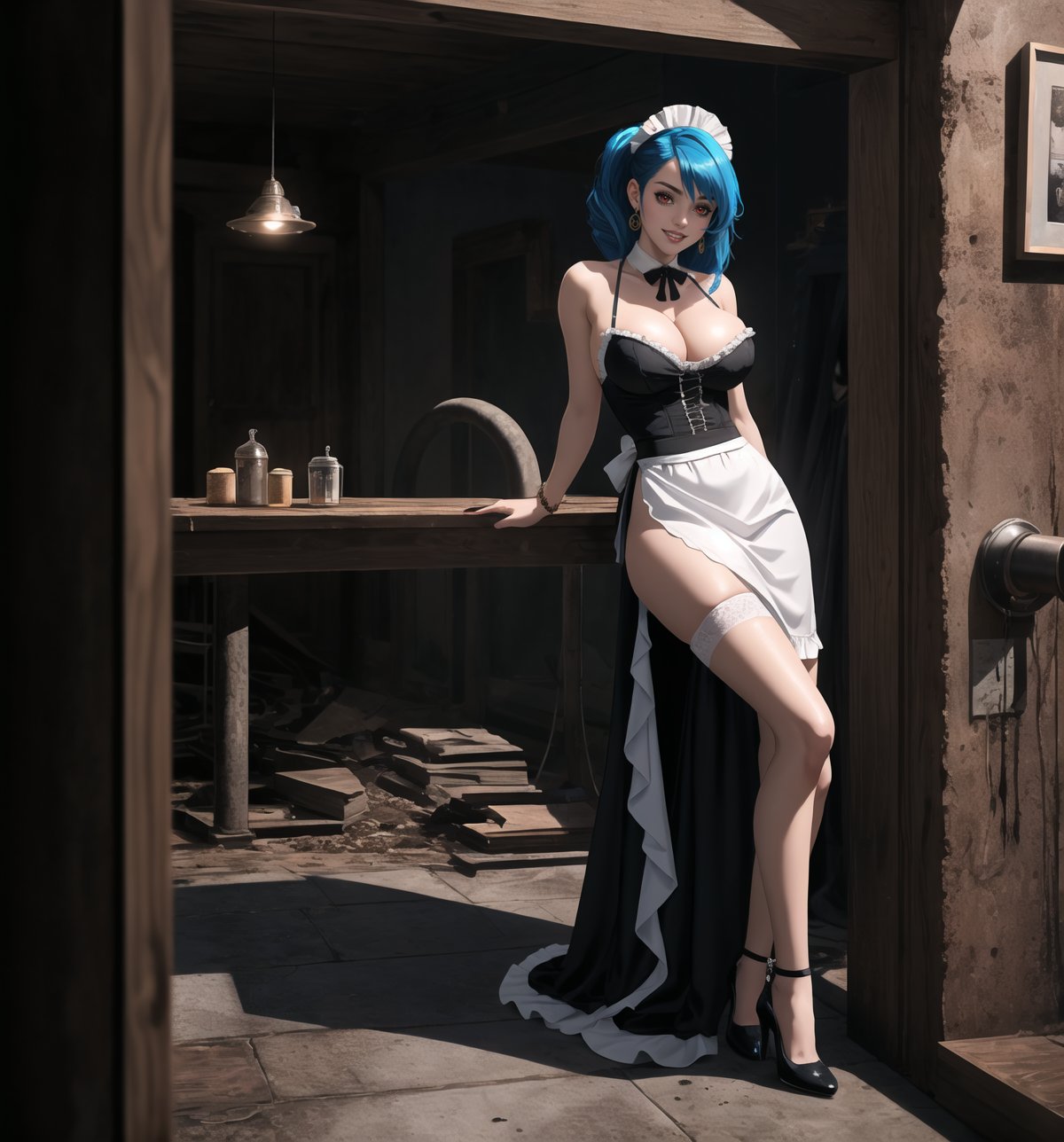 An ultra-detailed 4K masterpiece with gothic and horror styles, rendered in ultra-high resolution with realistic graphic details. | Daiana, a young 23-year-old woman with huge breasts, is dressed in a maid outfit, consisting of a tight black dress with white details, black stockings and black low-heeled shoes. She is also wearing a white apron, a white maid cap, silver heart earrings, and a black leather bracelet. Her blue hair is long and straight, falling over her shoulders in a half-up hairstyle. ((She has red eyes, which are looking straight at the viewer with a seductive smile, showing her shiny white teeth)). It is located in a macabre destroyed and filthy house, with rock, concrete and wooden structures. The place is poorly lit, with pipes and machines scattered across the floor. The atmosphere is creepy and uncomfortable, with ominous shadows moving through the hallways and strange sounds echoing through the building. | The image highlights Daiana's sensual figure and the architectural elements of the house. The rock, concrete and wooden structures, along with the pipes and machines, create a gothic and horror environment. Dim, intermittent lights illuminate the scene, creating eerie shadows and highlighting the details of the scene. | Soft, shadowy lighting effects create a tense, fear-filled atmosphere, while detailed textures on skin and clothing add realism to the image. | A frightening and seductive scene of a young woman dressed as a maid in a macabre destroyed house, exploring themes of horror, fear and seduction. | (((The image reveals a full-body shot as Daiana assumes a sensual pose, engagingly leaning against a structure within the scene in an exciting manner. She takes on a sensual pose as she interacts, boldly leaning on a structure, leaning back and boldly throwing herself onto the structure, reclining back in an exhilarating way.))). | ((((full-body shot)))), ((perfect pose)), ((perfect arms):1.2), ((perfect limbs, perfect fingers, better hands, perfect hands, hands)), ((perfect legs, perfect feet):1.2), Daiana has (((huge breasts))), ((perfect design)), ((perfect composition)), ((very detailed scene, very detailed background, perfect layout, correct imperfections)), Enhance, Ultra details, More Detail, ((poakl))