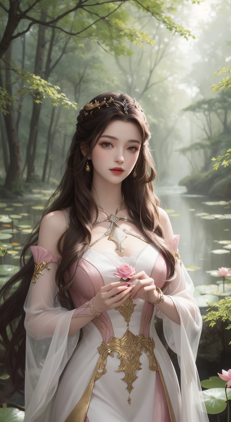 a digital painting captures a woman in a flowing pink dress, adorned with gold accents, holding a pink lotus flower in her hands. The woman's long, wavy brown hair cascades over her shoulders, adding a touch of beauty to the scene. The backdrop, a lush forest of trees, reflects light, creating a peaceful and serene atmosphere.